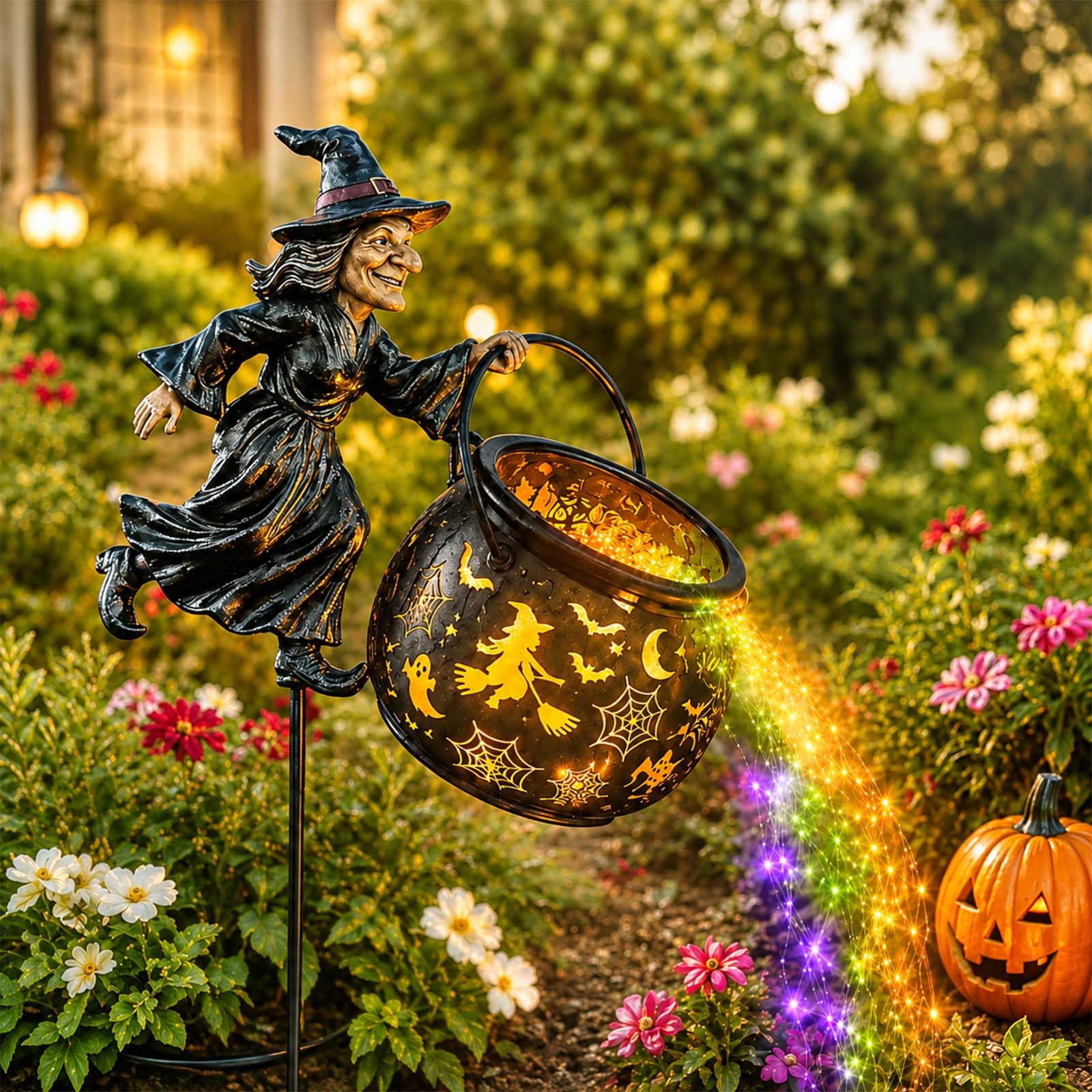 Leuchtender Halloween-Hexenkessel Mit Hexe, Wasserfall-Stil Verzauberter Hexenkessel Gartendekoration,Wasserdichte HäNgende Laterne,FüR Hof Rasen Veranda Party Dekor (1PC)