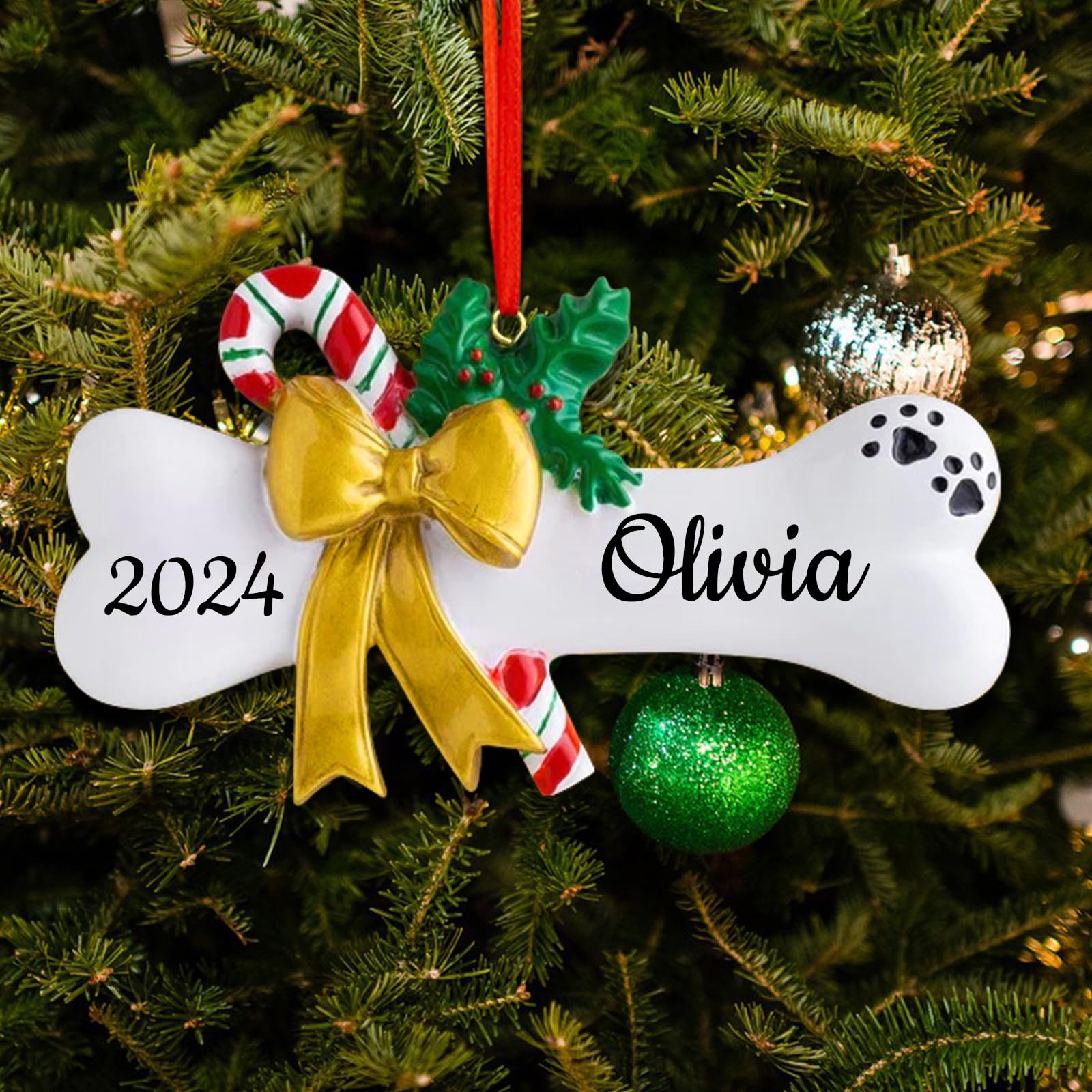 LINMQIU Adorno navideño Personalizado con Forma de Hueso de Perro y Nombre, decoración para árbol de Navidad Personalizada 2024, decoración Colgante navideña, Colgantes navideños (Lazo)