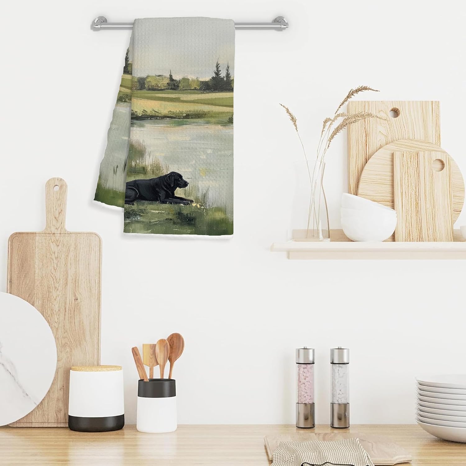 Vintage Black Labrador Kitchen Towels, Black Lab Gifts, Rustic Country Nature Landscape Decorative Hand Towels for Bathroom, Farmhouse Cottagecore Dog Dish Tea Towel Dish, 16x24 Inch - Image 2