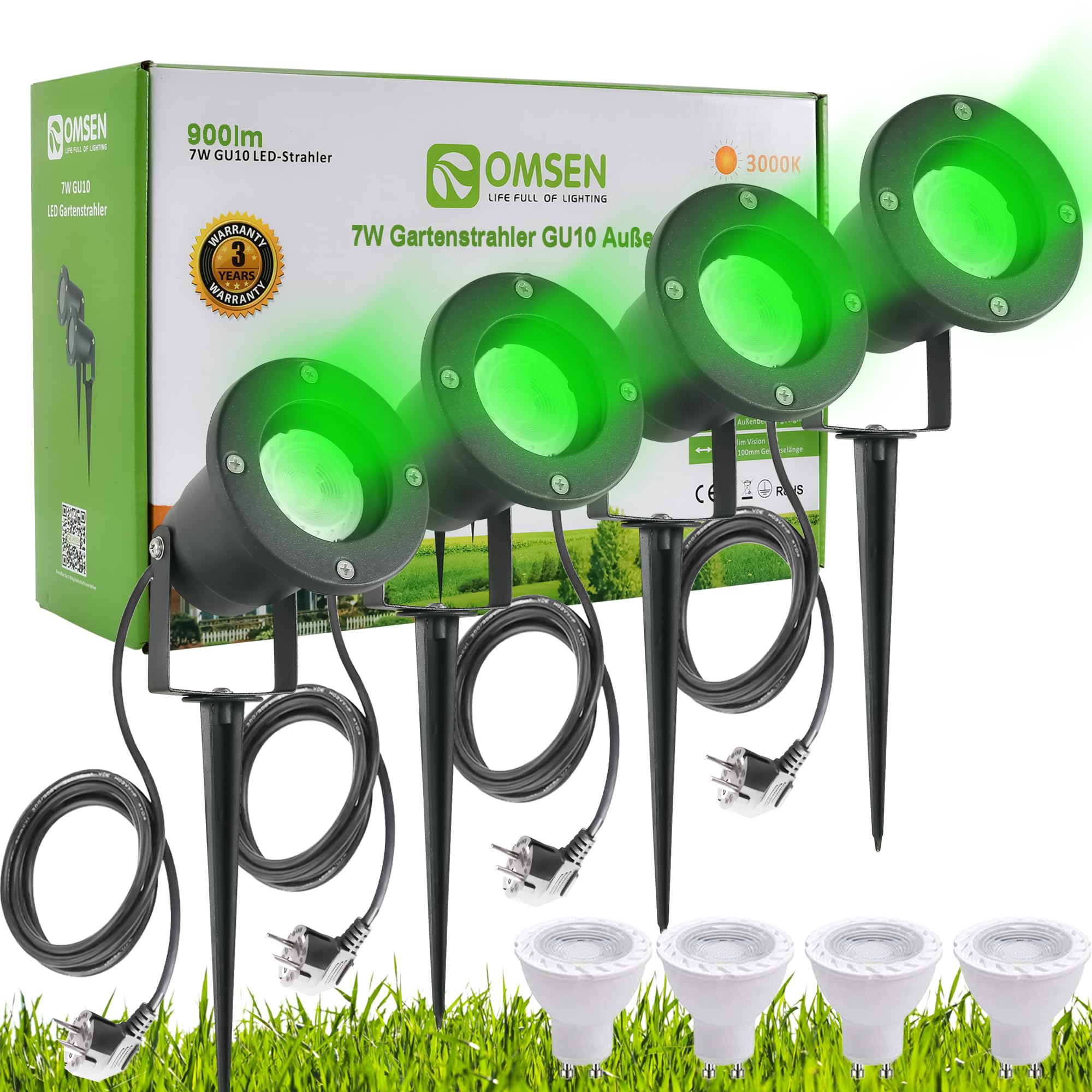 OMSEN Gartenstrahler LED Erdspieß GU10 7W Grün 230V, Robuste IP67