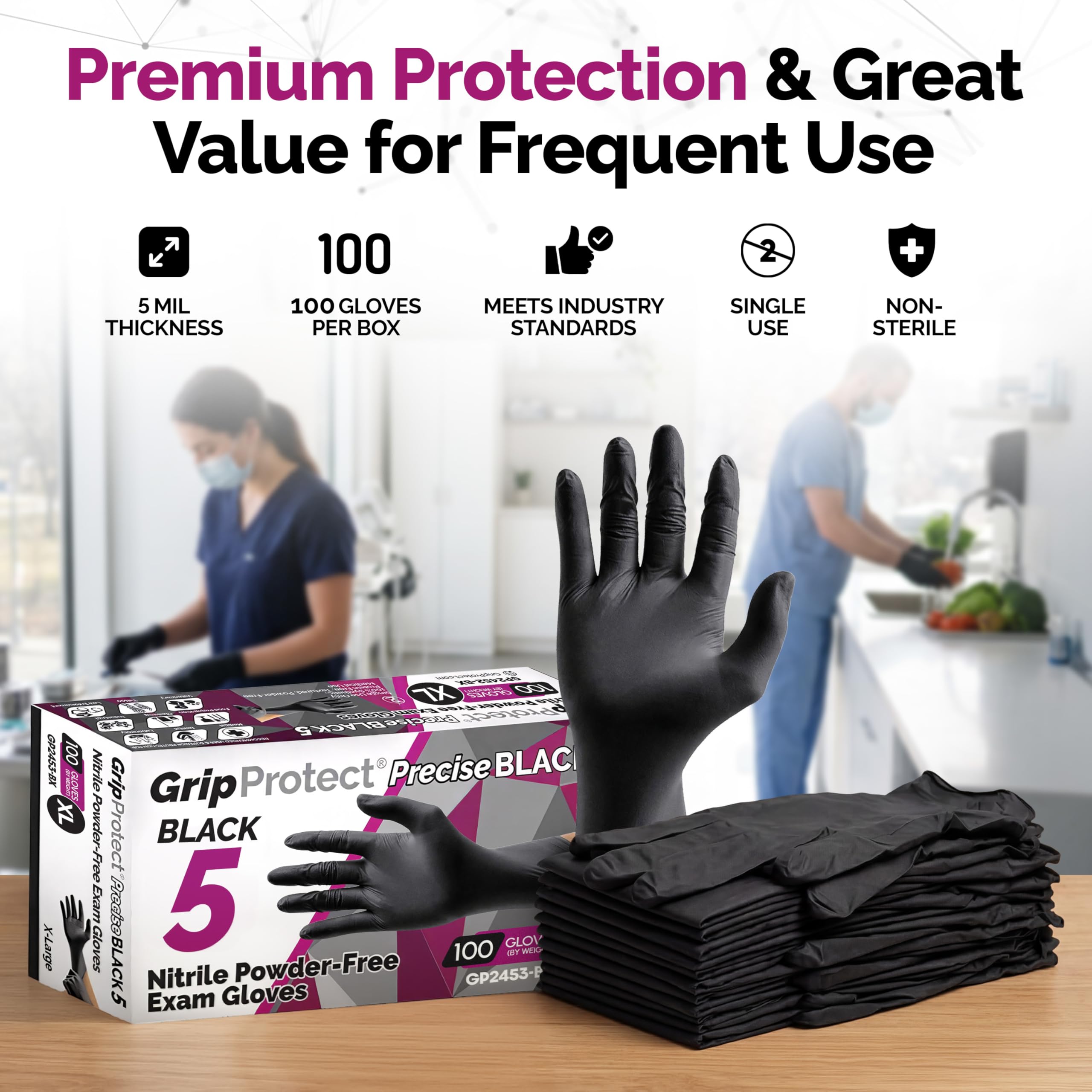 GripProtect Guantes de investigación de nitrilo negro de precisión 5 | guantes desechables sin polvo | médico, aplicación de la ley, tatuaje, agricultura, hidro, quimioterapia clasificada, resistente