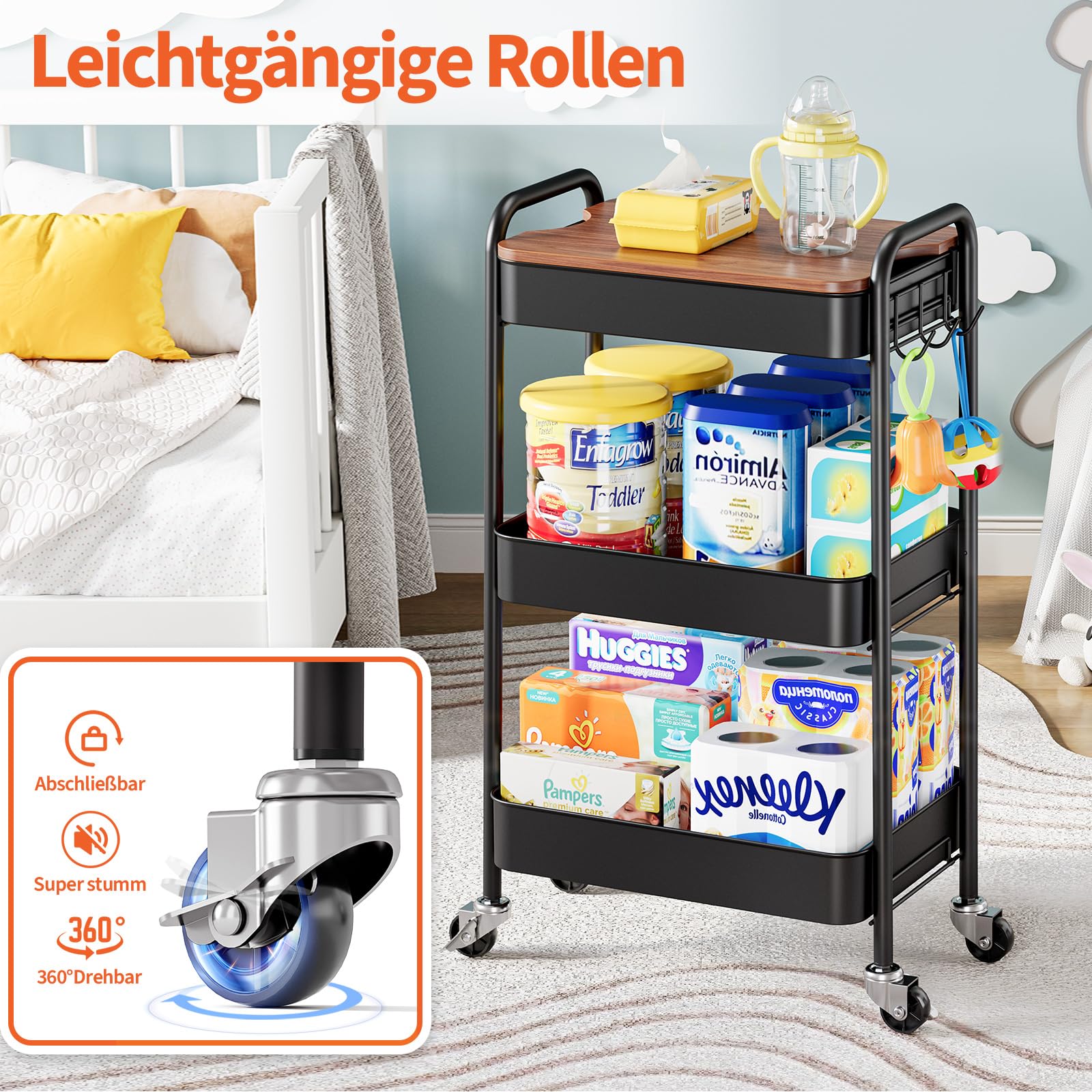 KINGRACK Rollwagen mit 3 Ebenen, Metallwagen mit abnehmbarem Holztablett, Aufbewahrung, Kunstwagen, Trolley, Organizer, Servierwagen, einfache Montage
