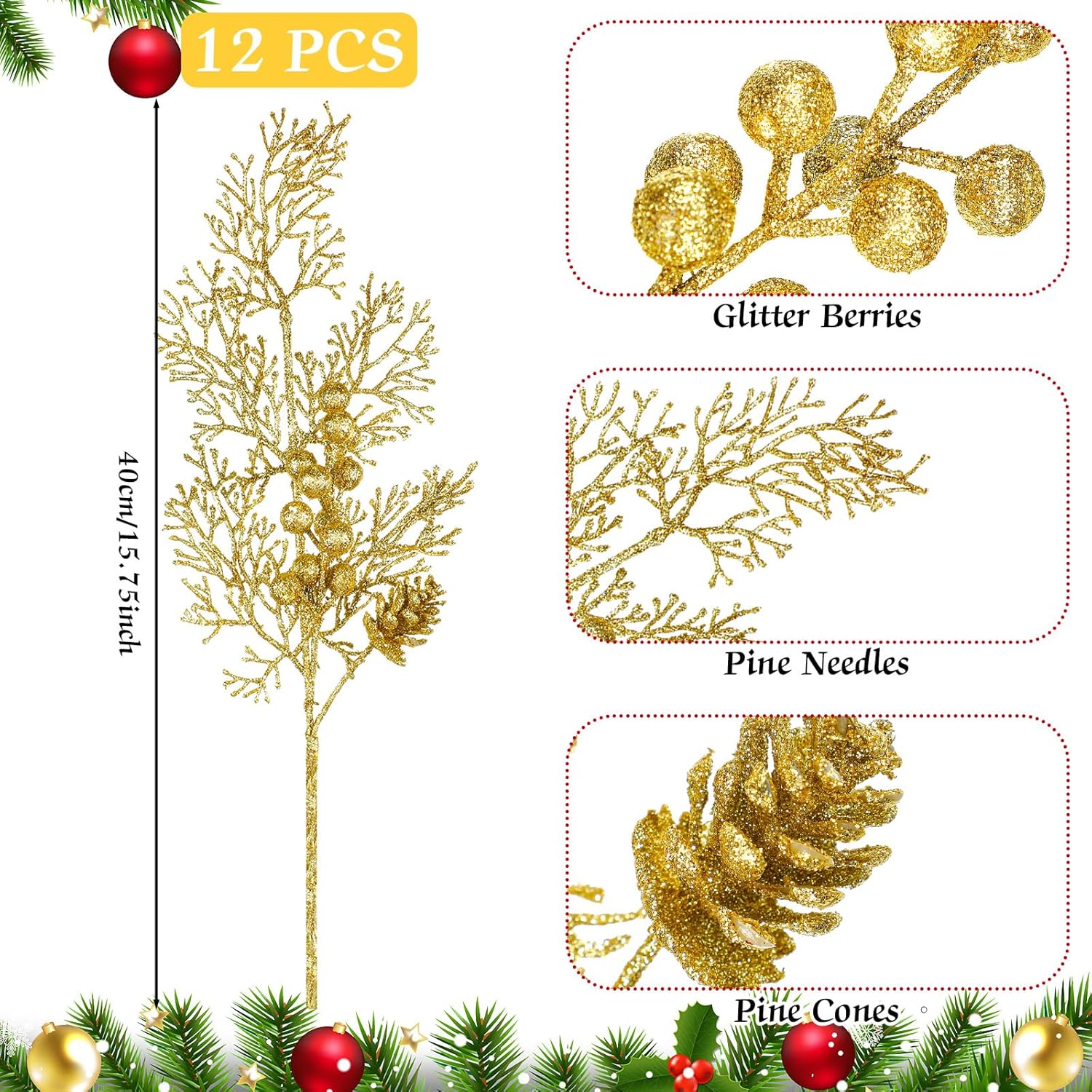 Tigeen 12 Pcs Christmas Tree Picks Bulk Artificial Christmas Tree Filler Glitter Berries Stems Branches Floral Decorations 15.75'' Xmas Sprays Twigs Berry Picks for Vase (Gold)