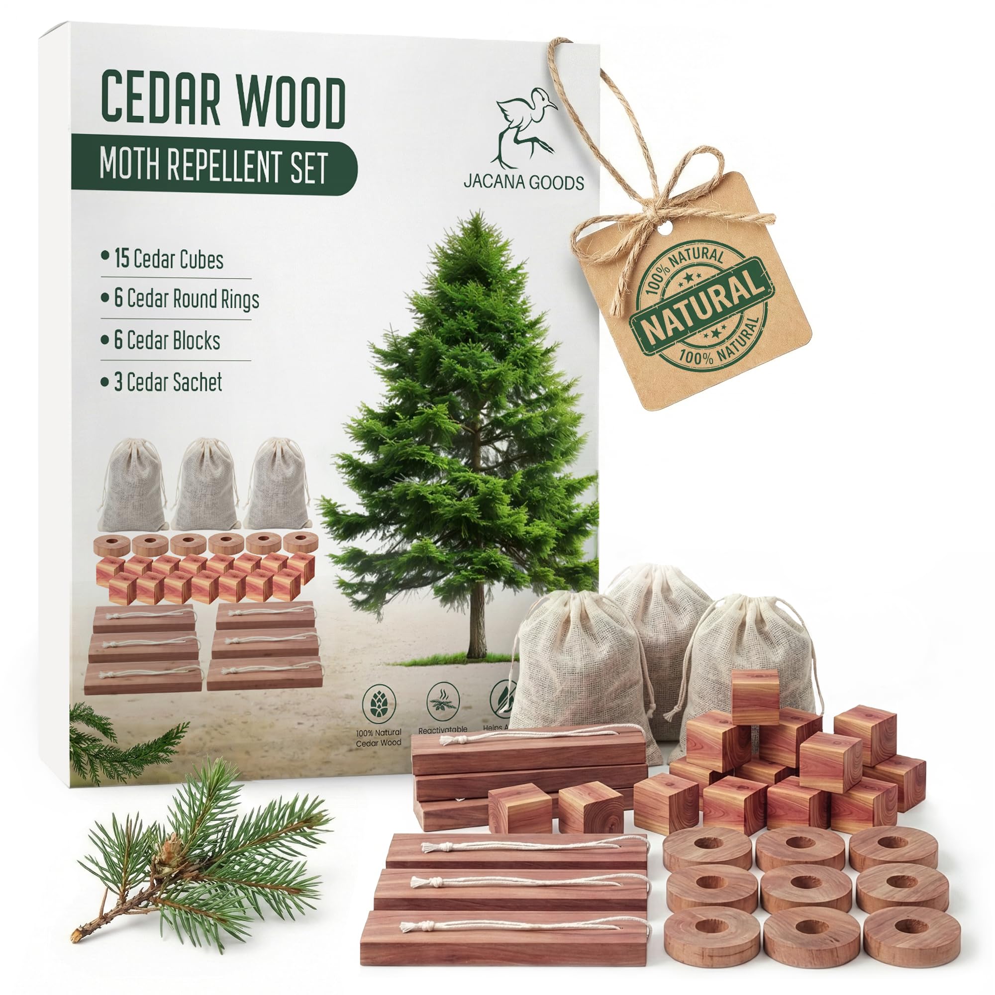 Cedar Moth Repellent Set of 30 - Natural Moth Repellent for Wardrobes in Cedar Balls, Rings, Blocks & Sachets for Wardrobes, Drawers, Closets, Clothing Storage - Natural Moth Killer