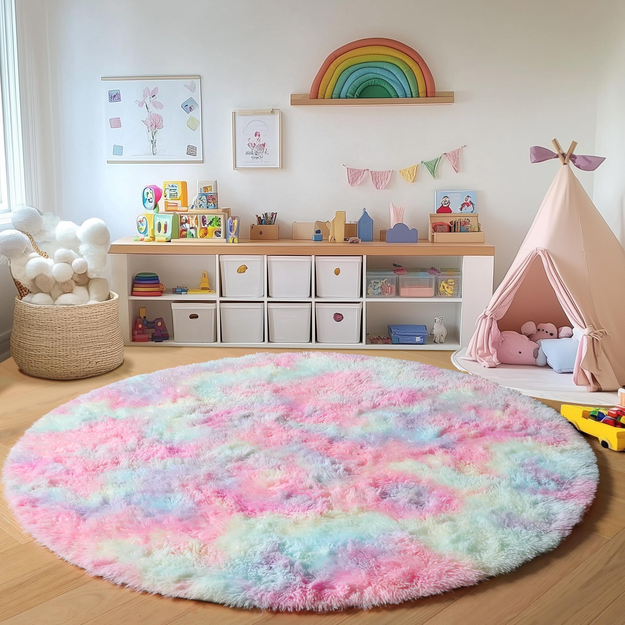 ONASAR Tęczowy okrągły dywanik, 1,2 m, miękki dywan do sypialni, okrągłe dywany dla dzieci, dziewcząt, nastolatków, kawaii, puszysty, pluszowy, kudłaty dywan do pokoju dziecięcego, salonu, pokoju