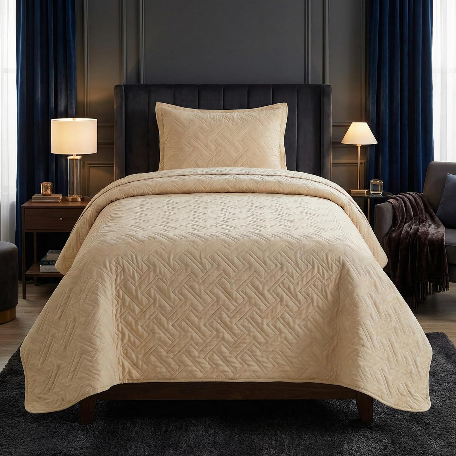 Lavish Home 2-Piece Twin Quilt Set - Twin Bedspread and Pillow Sham with Embossed Diamond Pattern - Lightweight Quilt Bedding Set for All Seasons - Soft Microfiber Coverlet (Natural)