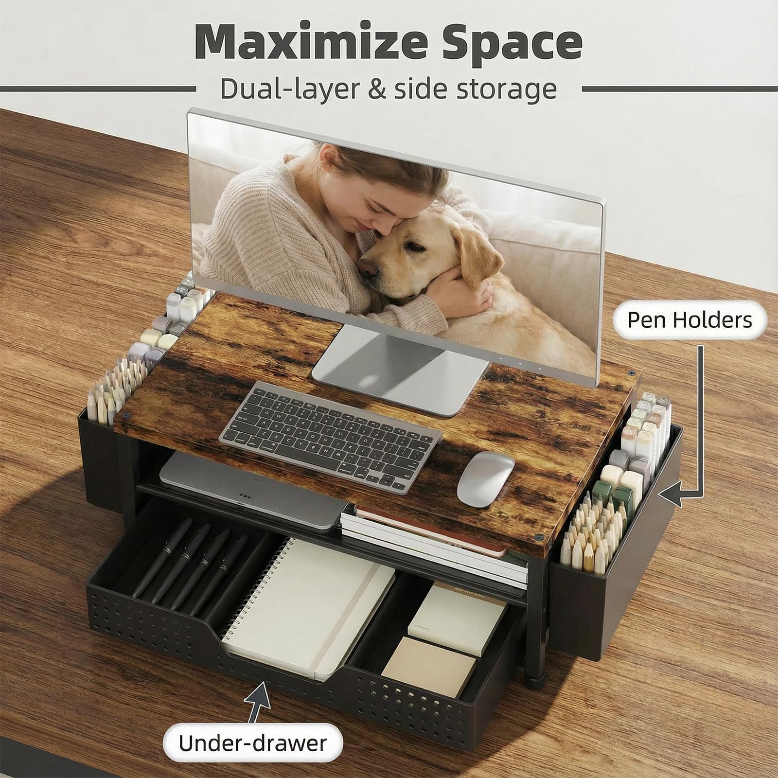 LEKETREE Organizer da scrivania in legno, a 2 ripiani, con cassetto portaoggetti e 2 portapenne, supporto per laptop e stampante, ripiano per la parte superiore della scrivania (marrone rustico)