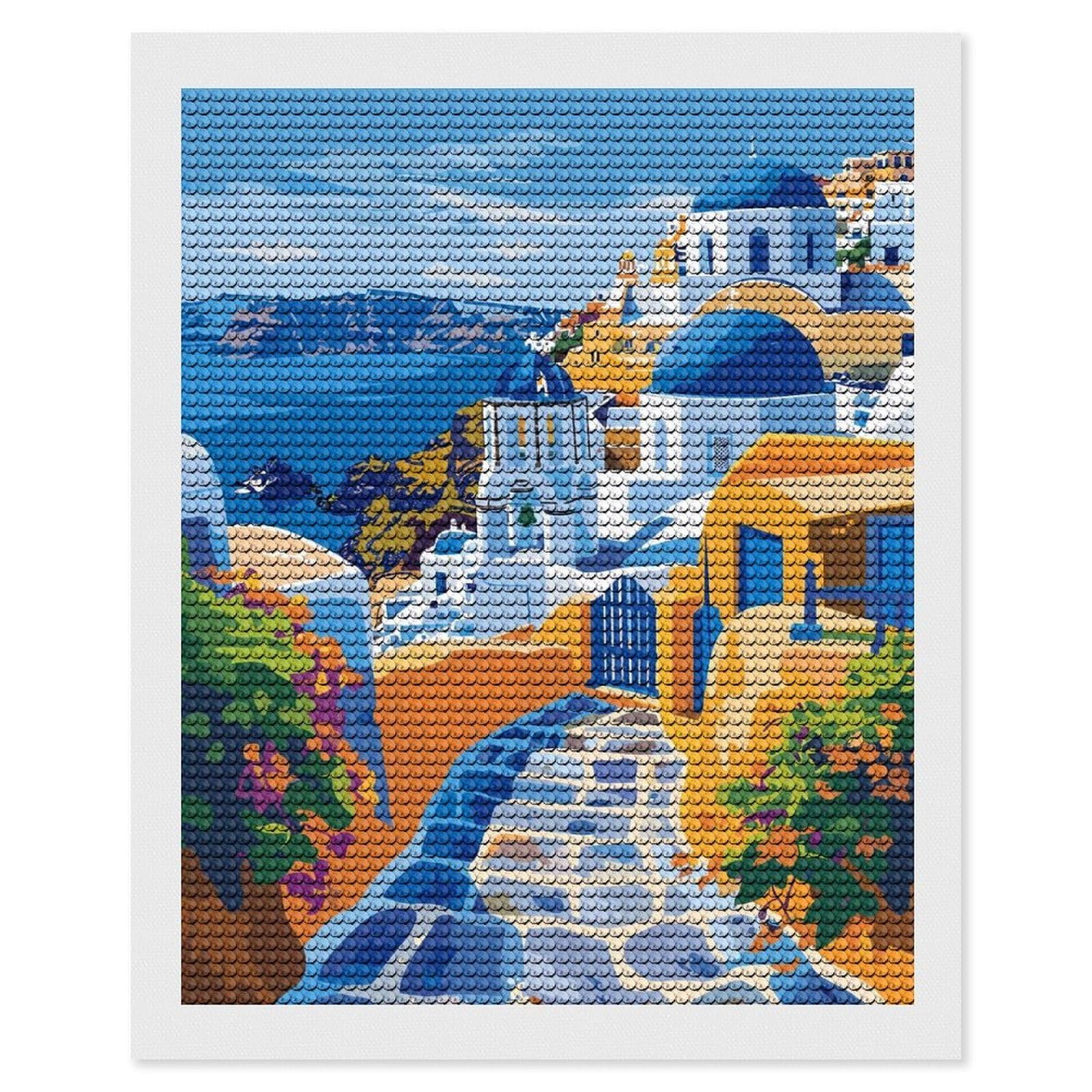 Junmoney Greek Island Santorini Diamond Painting Canvas Kit 16"x20", Adhesive Canvas, Living Room Decor, Farmhouse Decor, Winter Craft