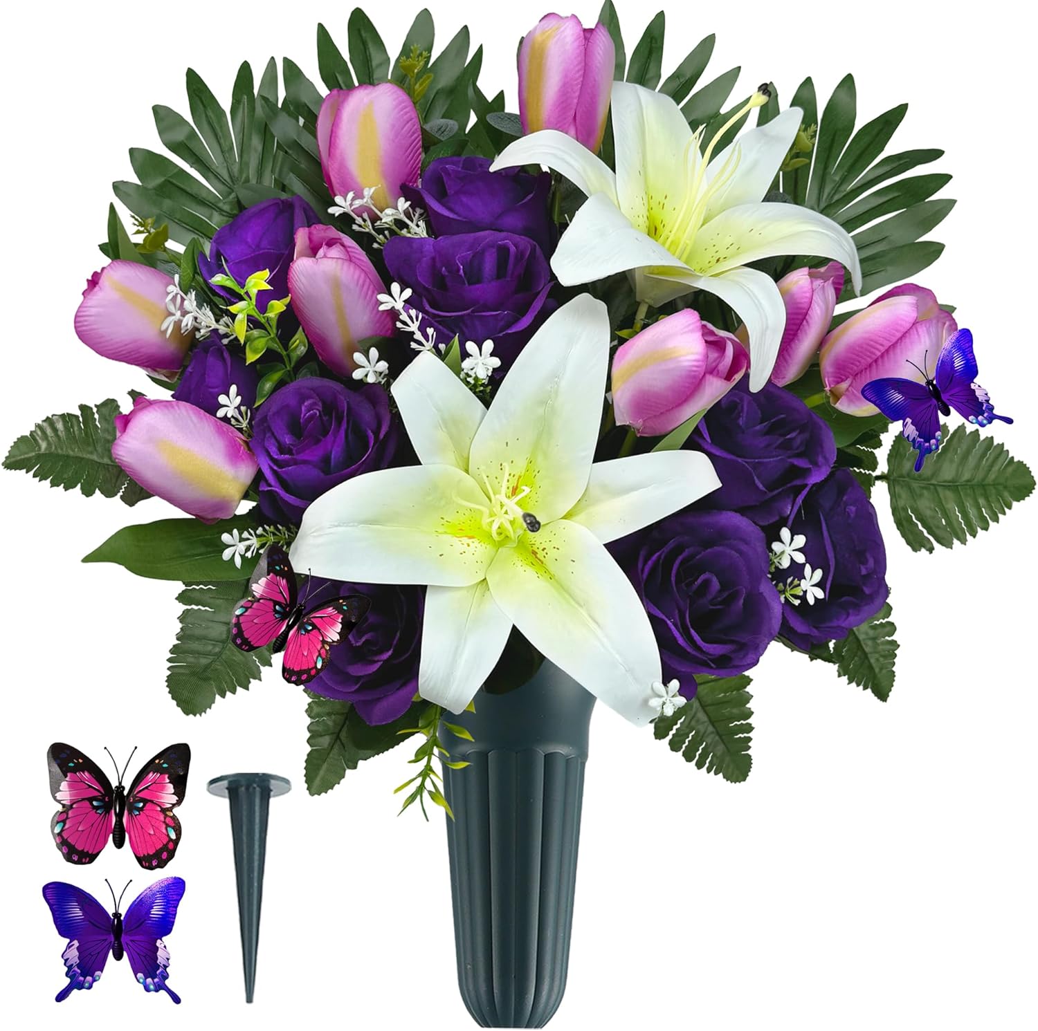 Cemetery Flowers with Vases for Grave Decor, Silk Lily Rose Tulip Headstone Flower,Tombstone Flower - Bright and Colorfast,Purple/White,2 Lovely Butterflies Included