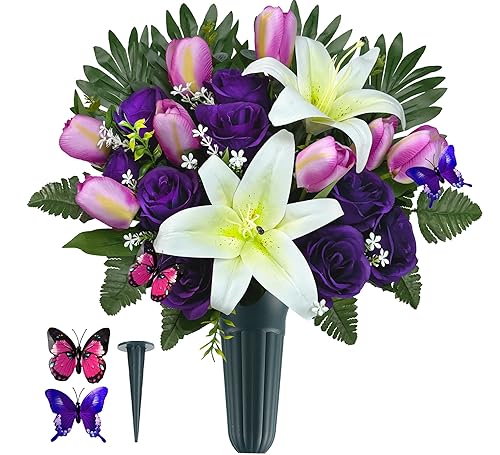 Cemetery Flowers with Vases for Grave Decor, Silk Lily Rose