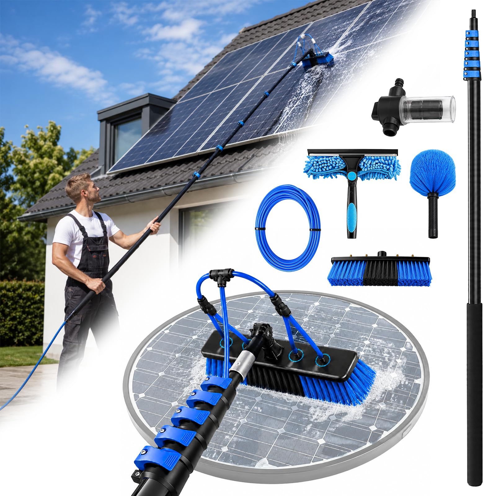 6 m cepillo de lavado telescópico con conexión de agua, set de limpieza para jardín de invierno, incluye cepillo de lavado, limpiacristales, cepillo para eliminar el polvo, dispensador de jabón