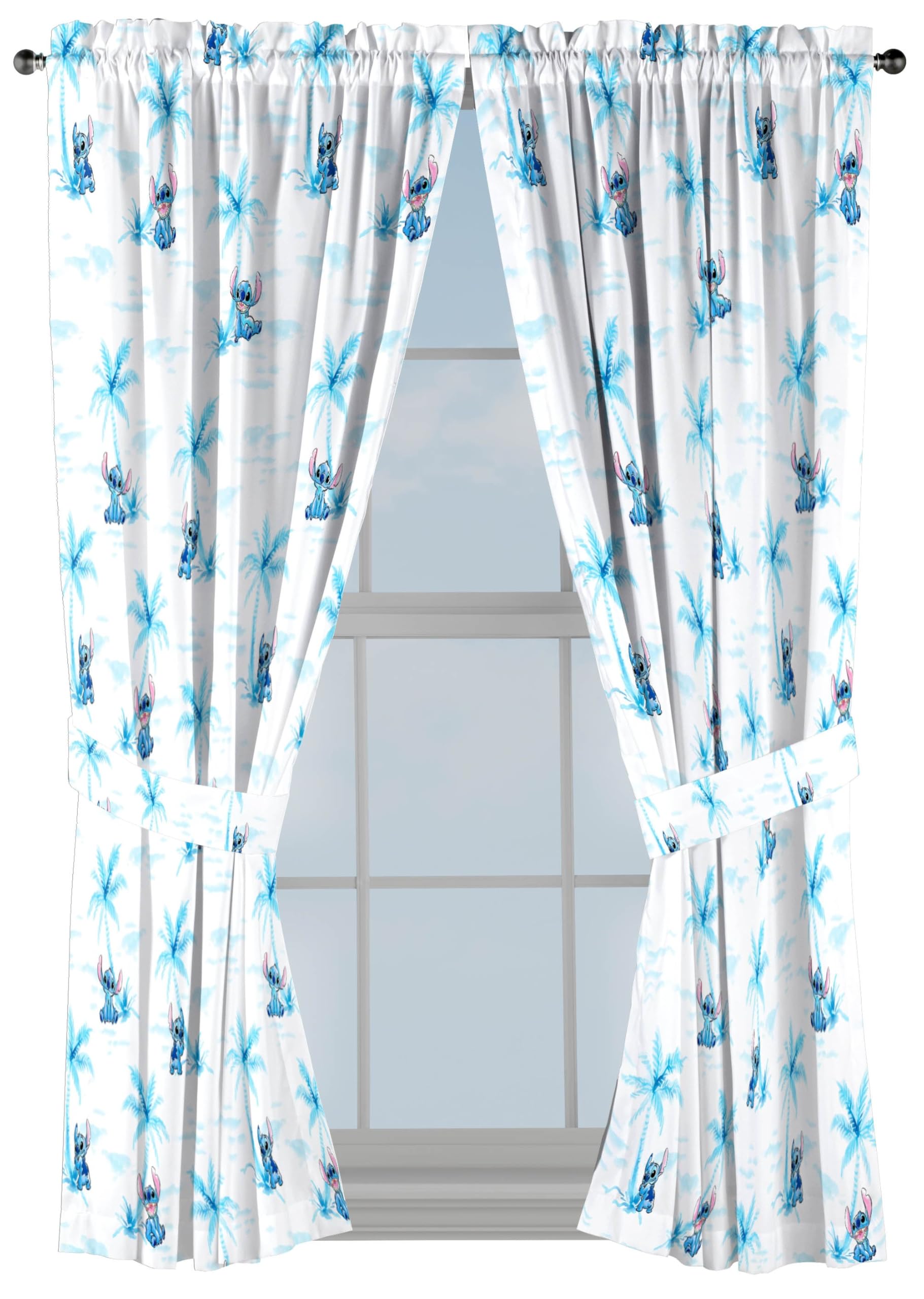 Jay Franco Window Curtains for Kids Bedroom 4-Piece Drape Set with 2 Tiebacks, White - Lilo & Stitch, 42" W x 63" L (Pack of 2)