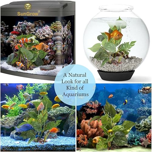Miniatura 5 de SunGrow Planta de hoja de plástico de 10 pulgadas, base de cerámica resistente, escondite para peces, betta, pez ángel, peces dorados, rana, pitón,