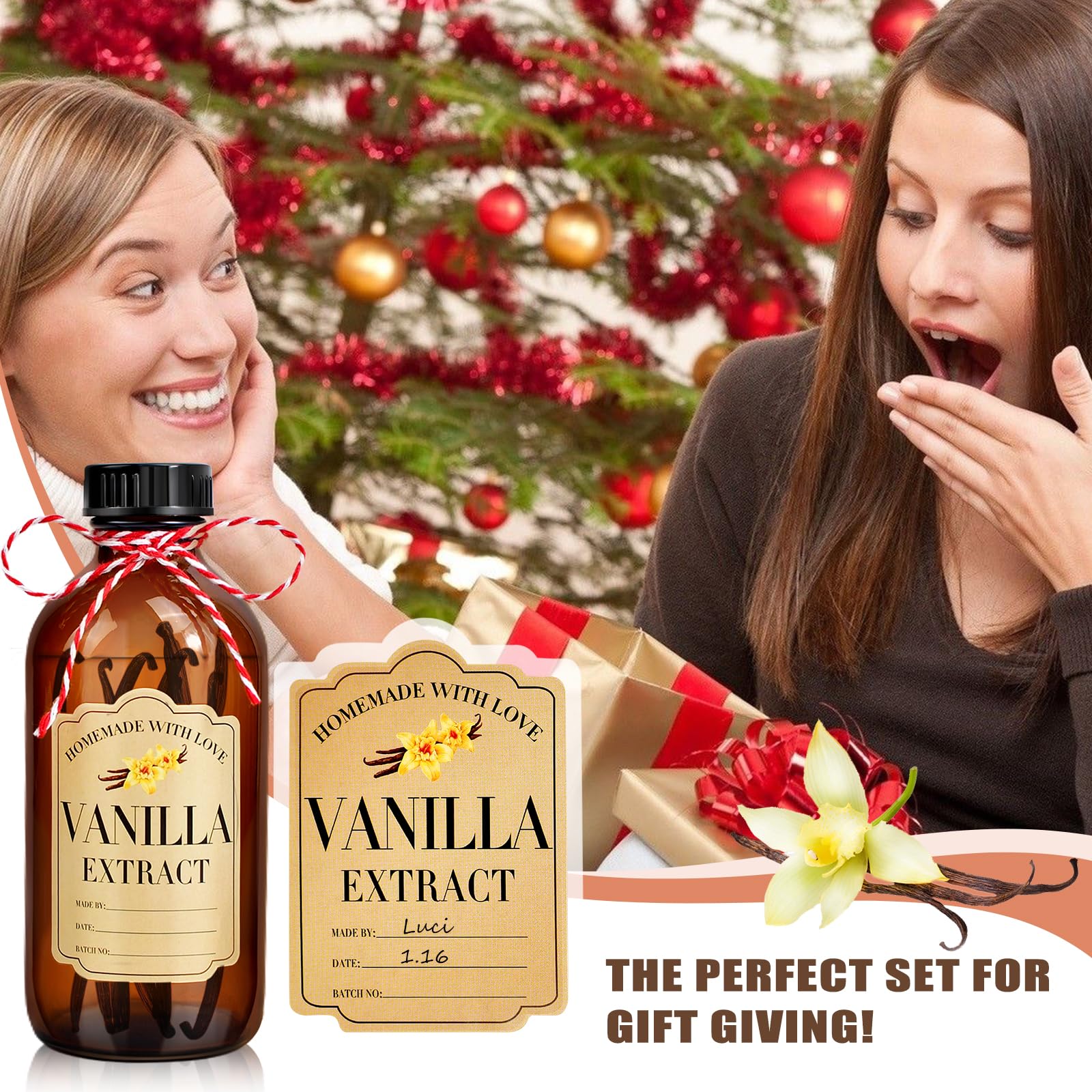 16 botellas de vidrio ámbar de 8 onzas, botellas redondas Boston para extracto de vainilla casera, botellas de extracto de vainilla marrón con tapas para jarabe de regalo, recipiente de almacenamiento