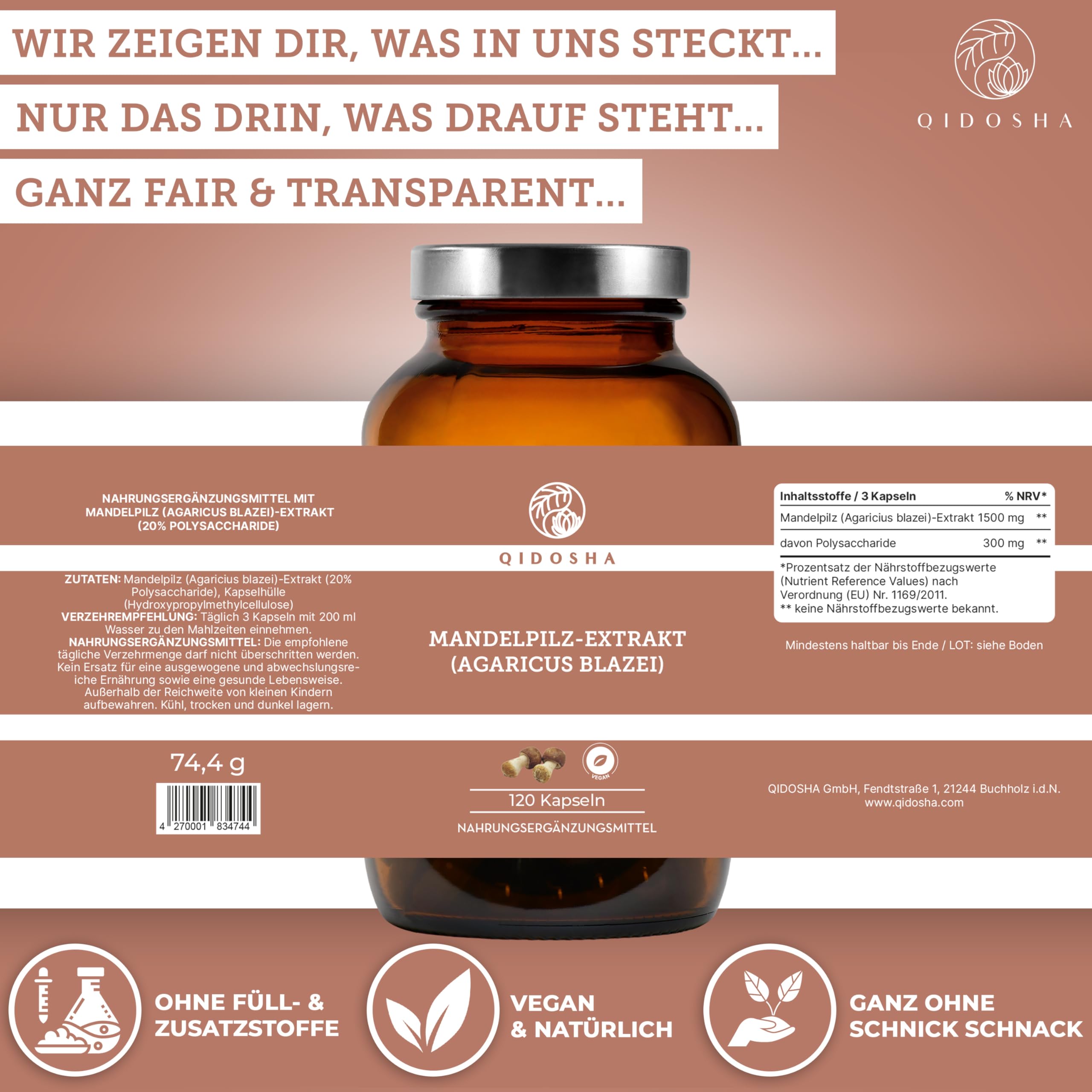QIDOSHA® Agaricus 30:1 Extrakt Kapseln, 120 Stk, 1500 mg Mandelpilz Extrakt je Tagesportion, Agaricus Blazei Murill Kapseln hochdosiert, Mandelpilz Extrakt Kapseln, vegan, laborgeprueft