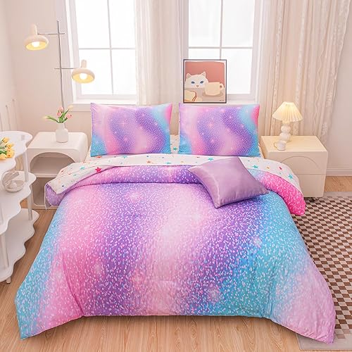 Girls Twin Bedding Set Galaxy Comforter Set 6 Pieces, Twin Bedding Sets for Girls Glitter Kids Twin Comforter, Rainbow Comforter Twin Bed Sheets and