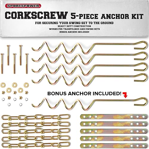 Sportspower MSC-5672 Deluxe Sacacorchos Kit de herrajes de anclaje de tierra de metal de 5 piezas para juegos de columpios y trampolín - Oro
