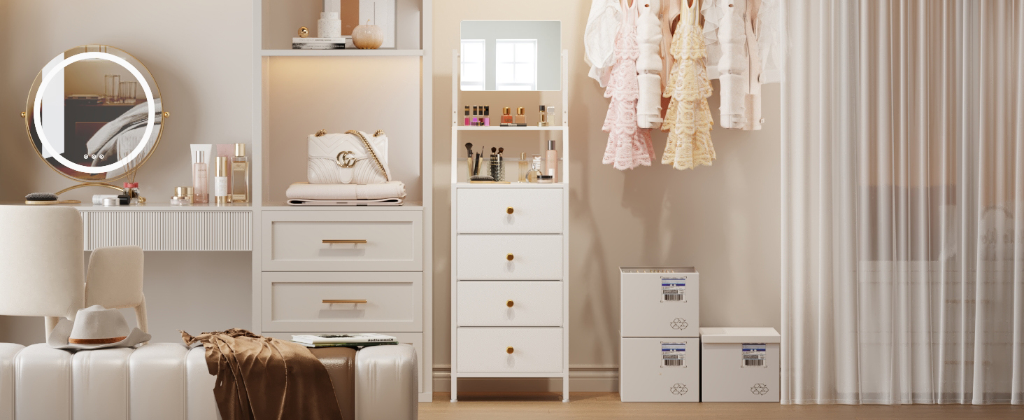 HIGDBFE Vanity Dresser with Adjustable Mirror & 4 Drawers, Black, 15.3