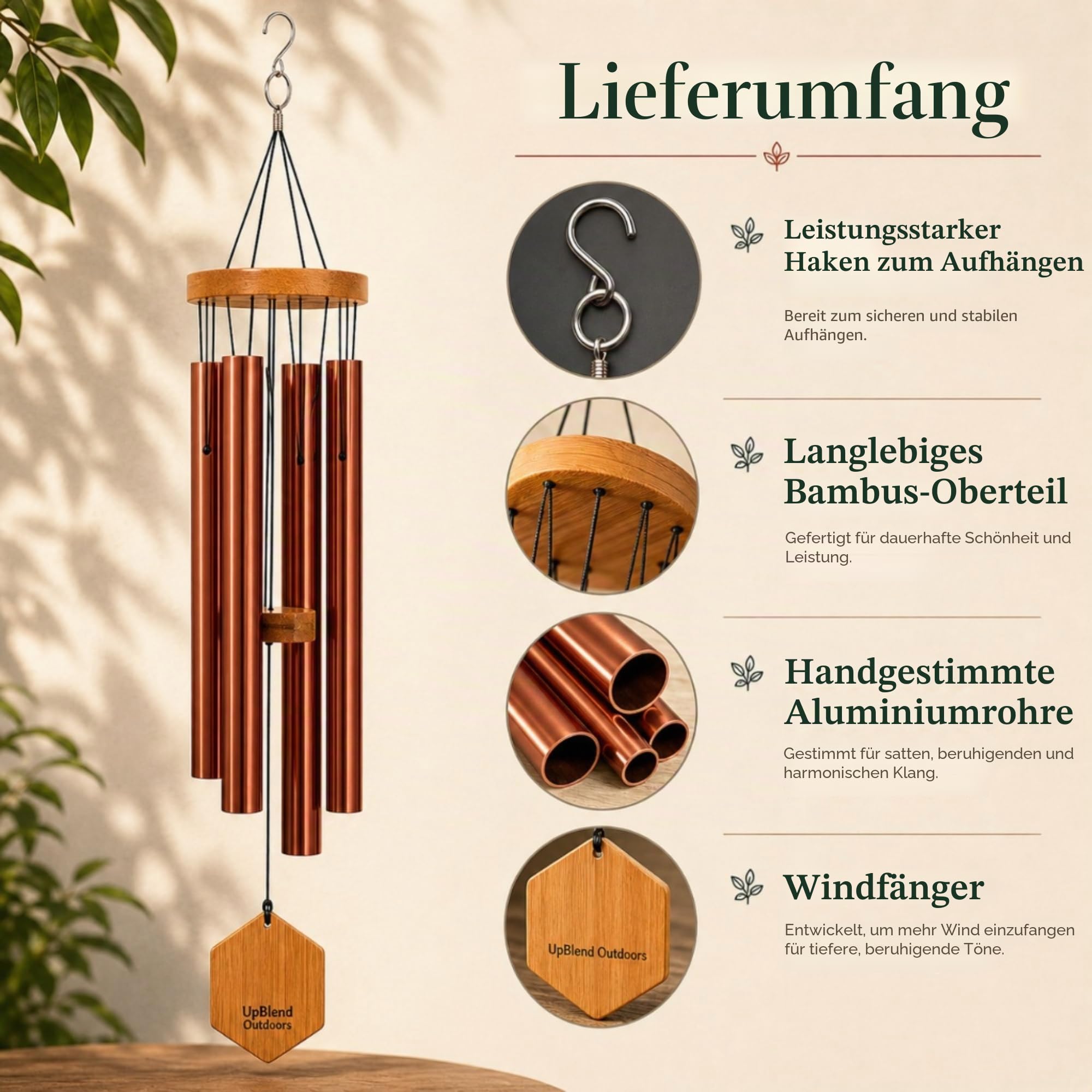 Windspiel für Menschen, die ihre Nachbarn mögen, beruhigende melodische Töne und solide konstruiertes Bambus/Aluminium-Glocke, Veranda, Garten oder Hinterhof.