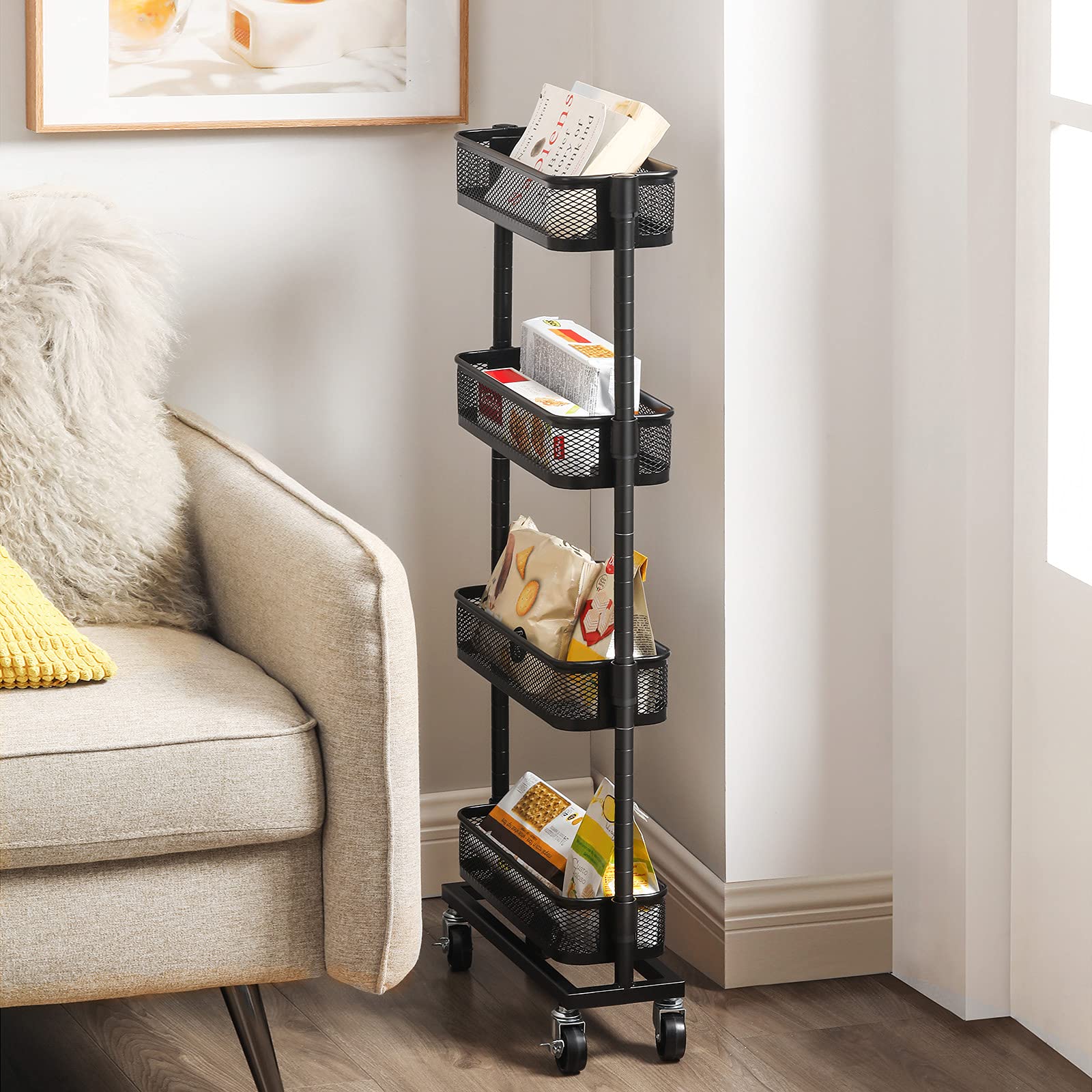 スチール製 ラック スリム 隙間収納 収納ワゴン キャスター付き Amazon｜SONGMICS キッチンワゴン スリム 4段 スチール製 頑丈