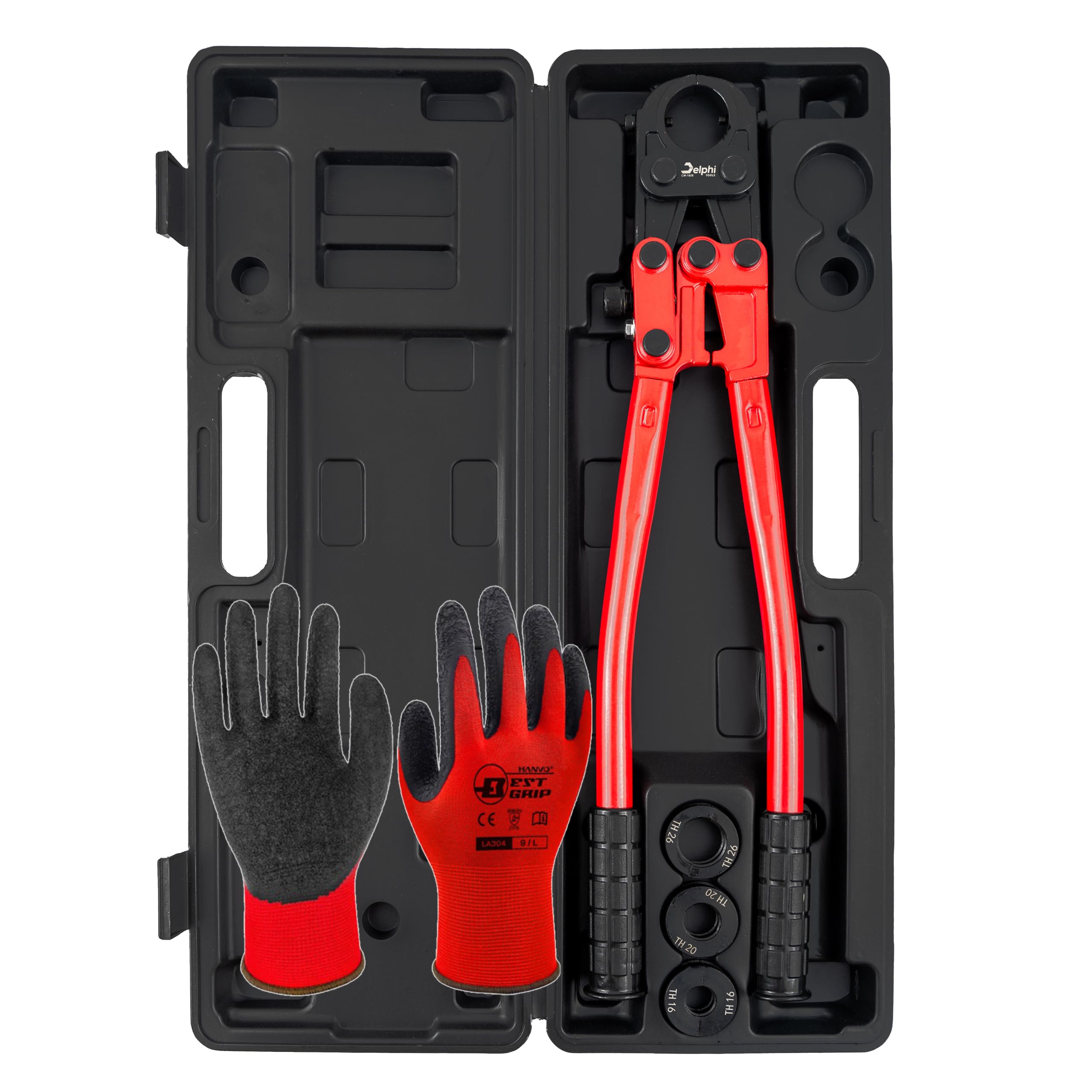 DELPHI Set di pinze idrauliche per tubi TH Ø 6-26 mm, pinza crimpatrice a 360°, con regolazione della pressione, pinza per tubi a pressione professionale, strumento di base idraulico manuale per tubi
