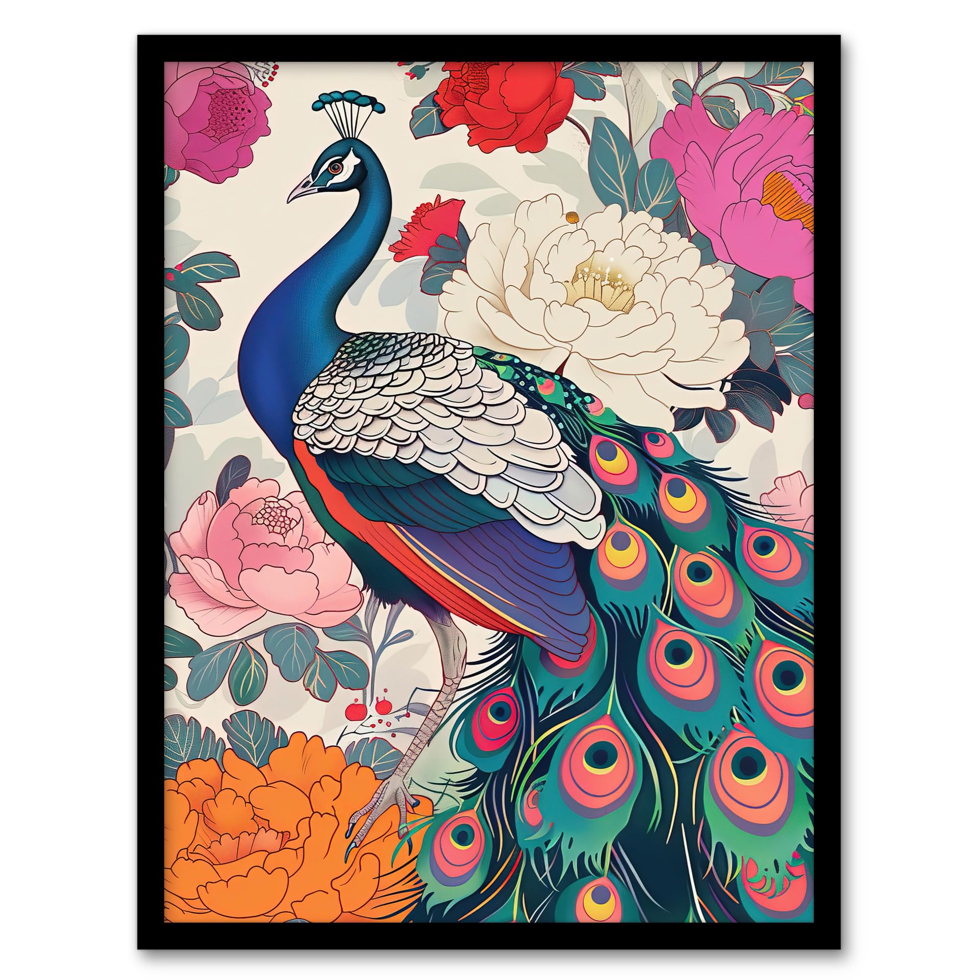 Artery8 Peacock Bird with Peony Flower Pattern Design Living Room Artwork Framed Wall Art Print 18X24 Inch