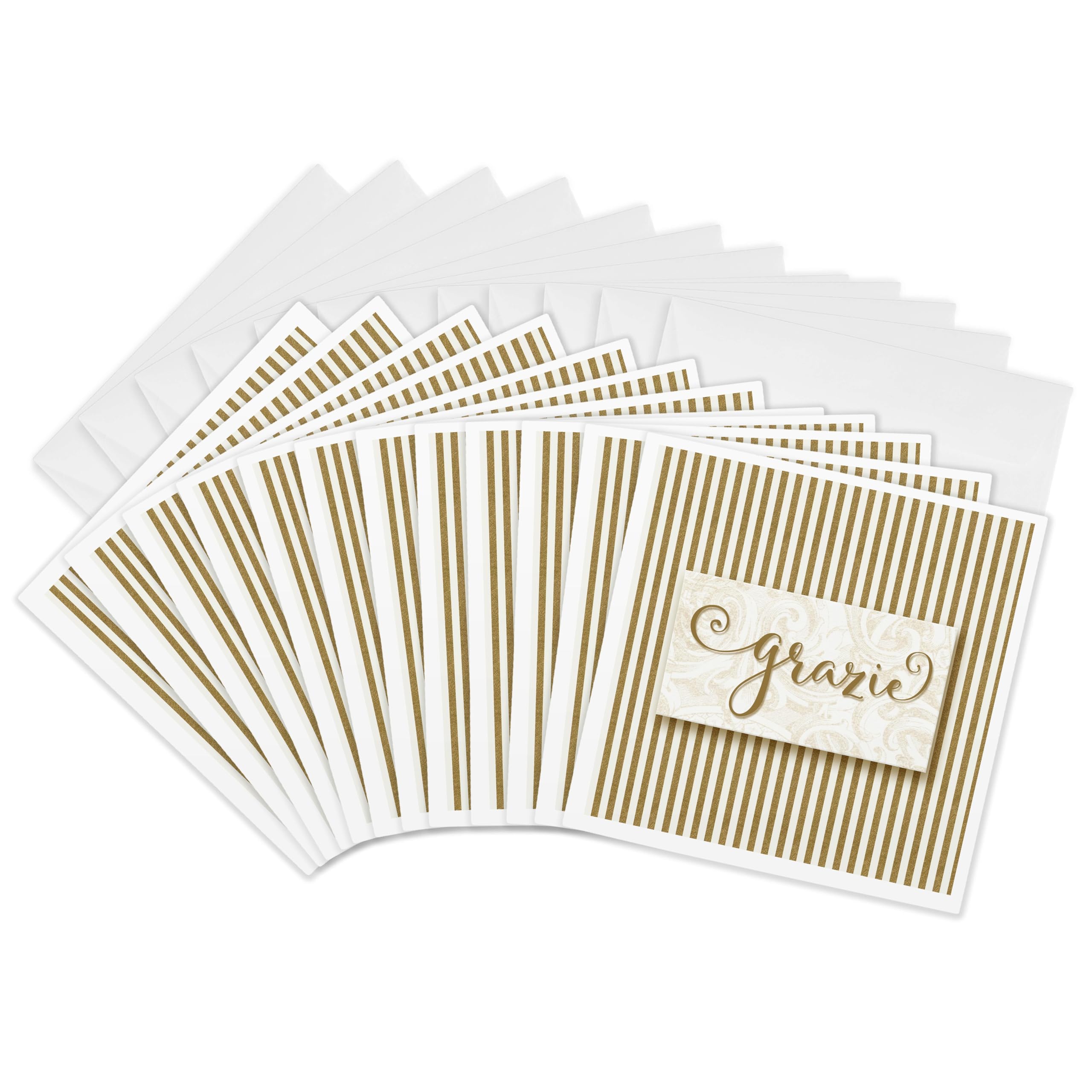 3dRose Greeting Cards, Grazie Italian Language Thank You Cards With Golden Stripes & Linen White, 12 Pack - Elegant Small Blank Card W/ Envelopes,