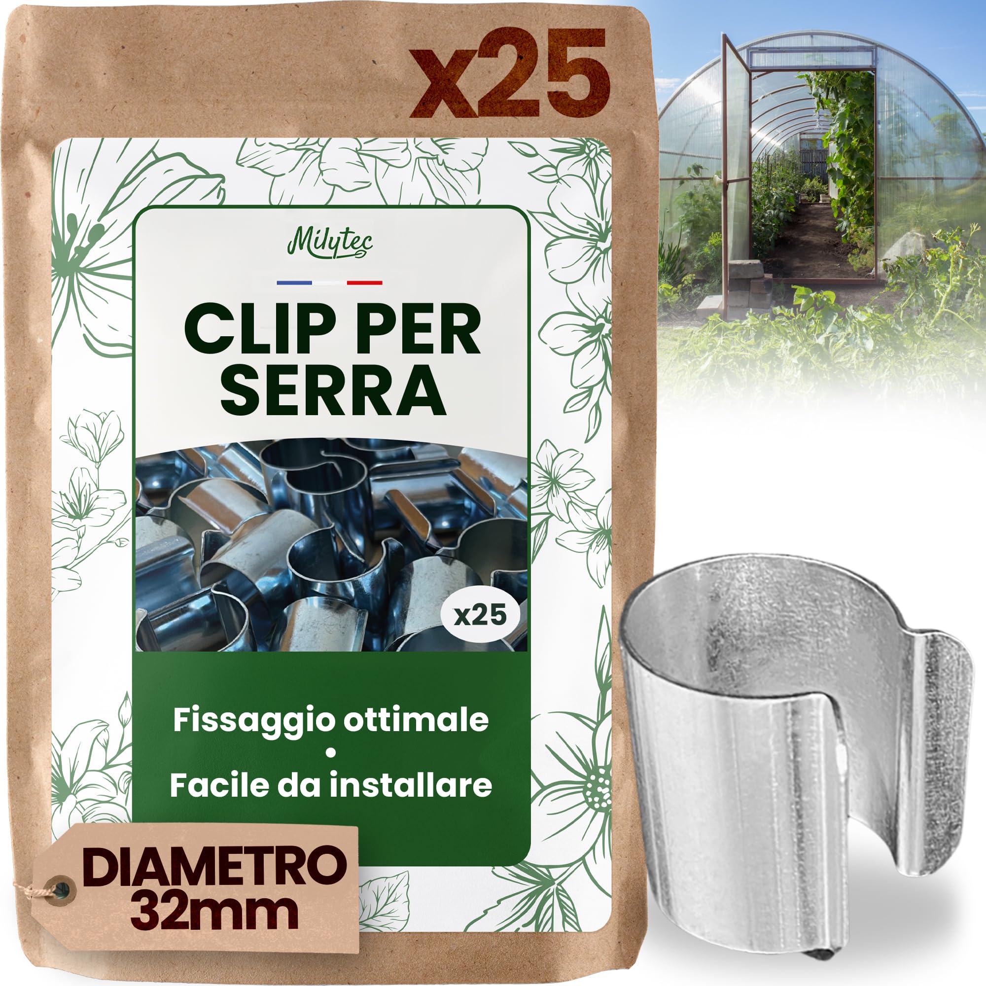 25 clip per serra diametro 32 mm in acciaio zincato, clip di fissaggio in metallo per telone da serra tunnel per giardino, protezione piantine e piantagioni, resistenza al vento e tempeste