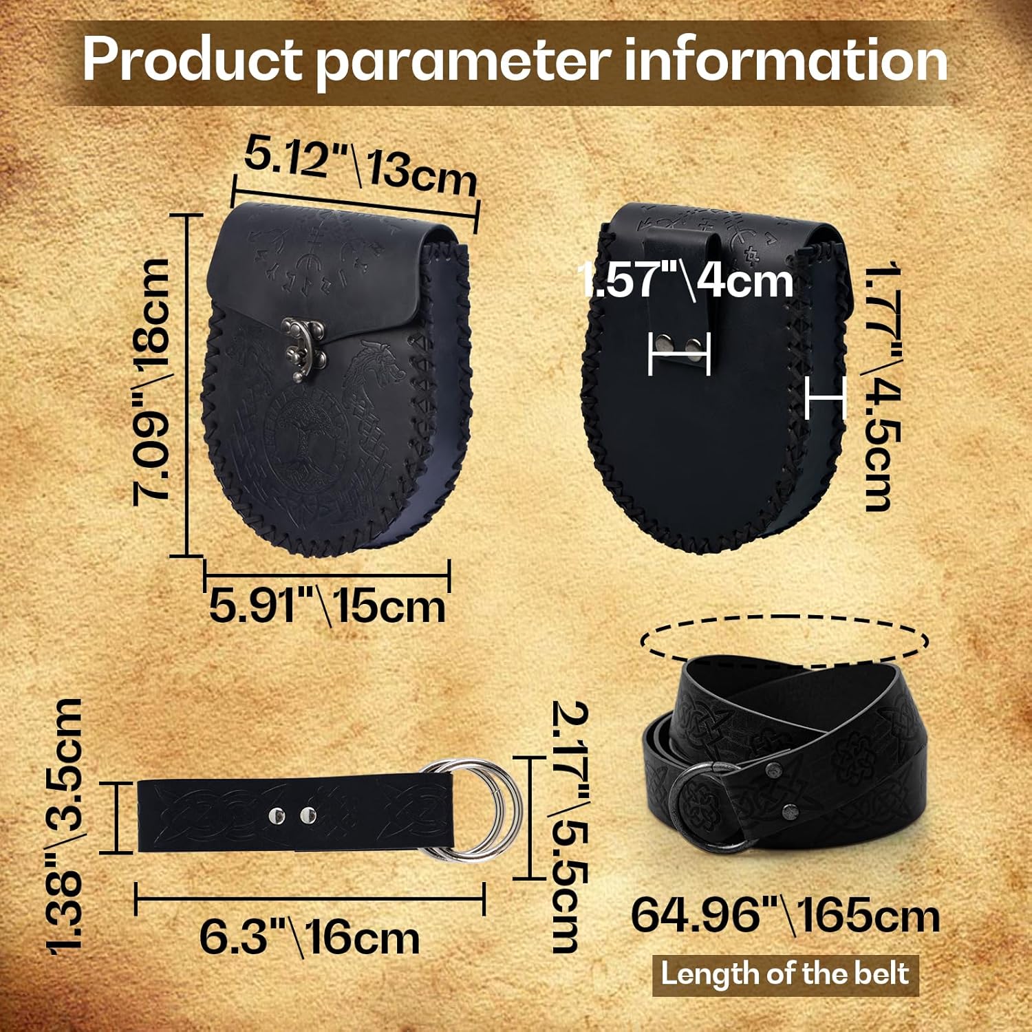 Nordic Embossed Belt Pouch Retro Vintage Portable Waist Bag Renaissance Belts Set Medieval Side Pack for Cosplay Accessories(Black) - Image 4