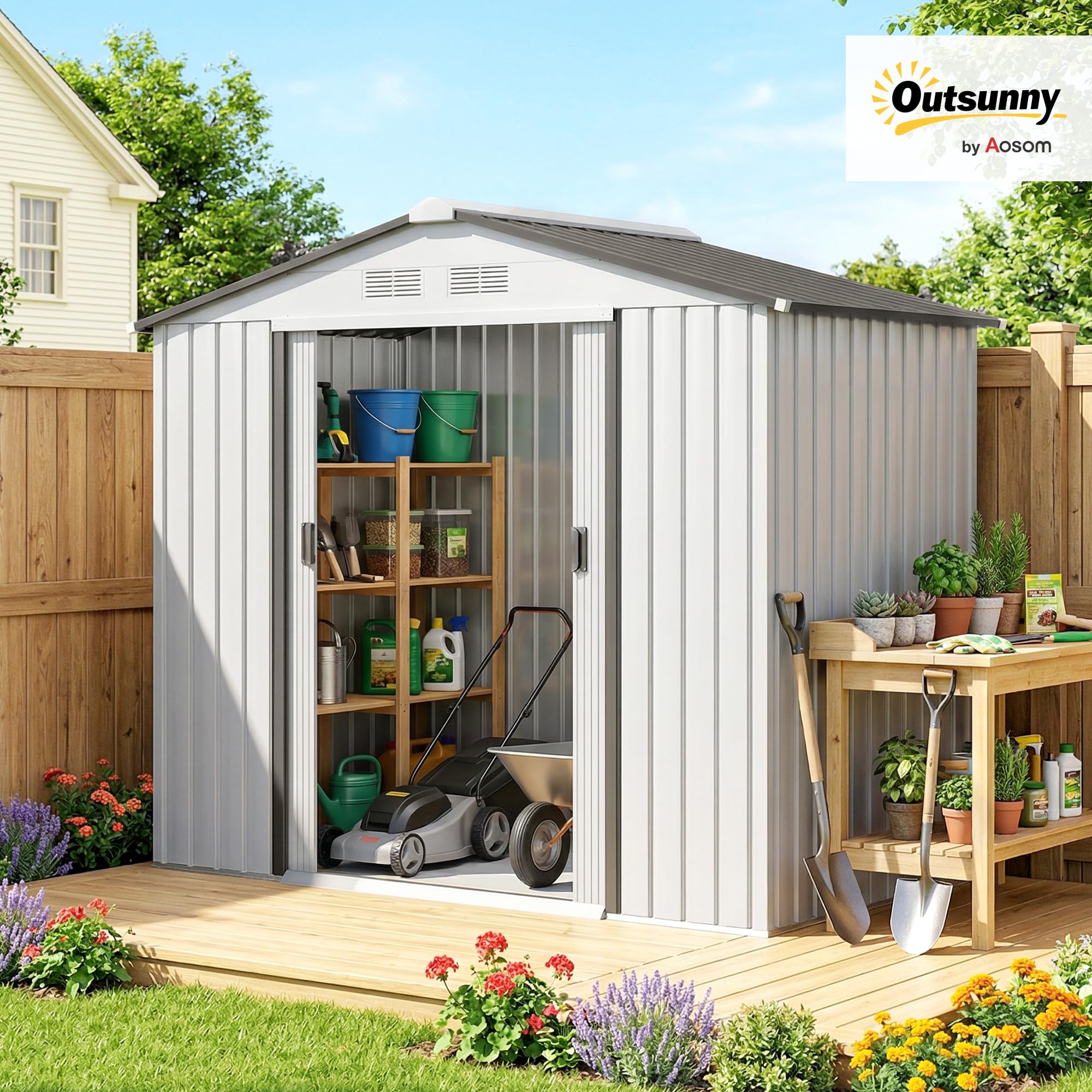 Outsunny Casetta da Giardino 2.5m² Acciaio Zincato con Basamento 213x130x185 cm Bianco Argentato