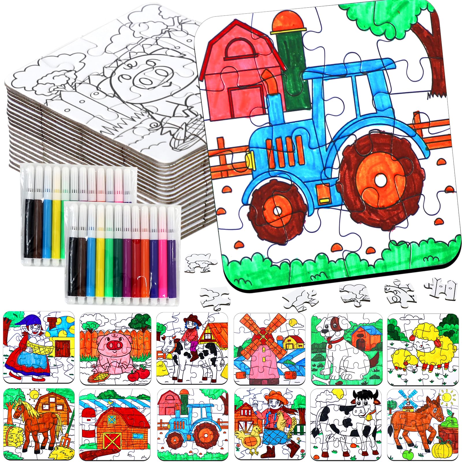 24 Sets Farm Animals Toddler Puzzles Ages 2-4 Bulk, Farm Party Favors Crafts DIY Paper Jigsaw Kit with Cow Dog Sheep, Fall Art Coloring Blank Puzzle for Classroom Gift Birthday Fun Games Toys Supplies Farm Animals Colorful