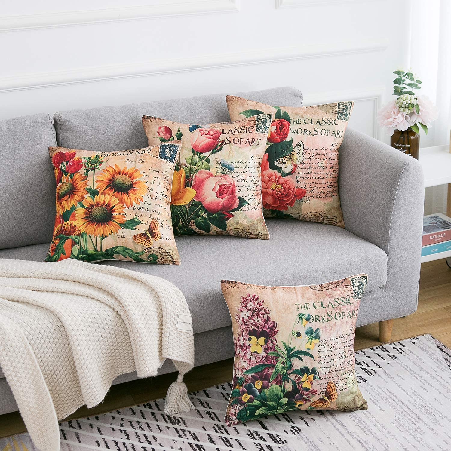 Allmarkhomes 45cm X 45cm Throw Pillow Covers Decorative Pillows for Bed Couch Square Pillowcase Vintage Flower Linen Cushions Covers Pack of 4: Buy Online at Best Price in Egypt - Souq is