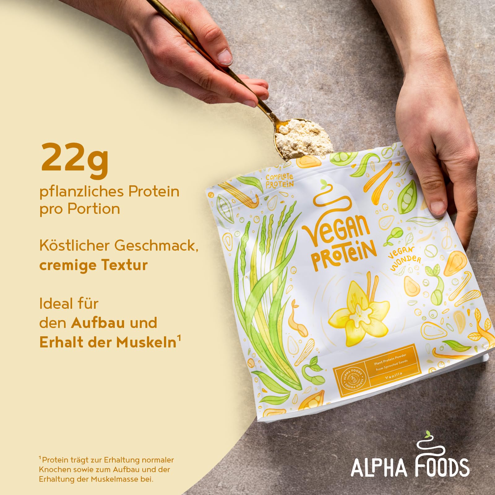 Alpha Foods Vegan Protein Pulver, 1200g, 22g Proteingehalt pro Portion, Vanille Geschmack, 40 Shake Portionen, pflanzliches Proteinpulver, optimales Aminosäurenprofil