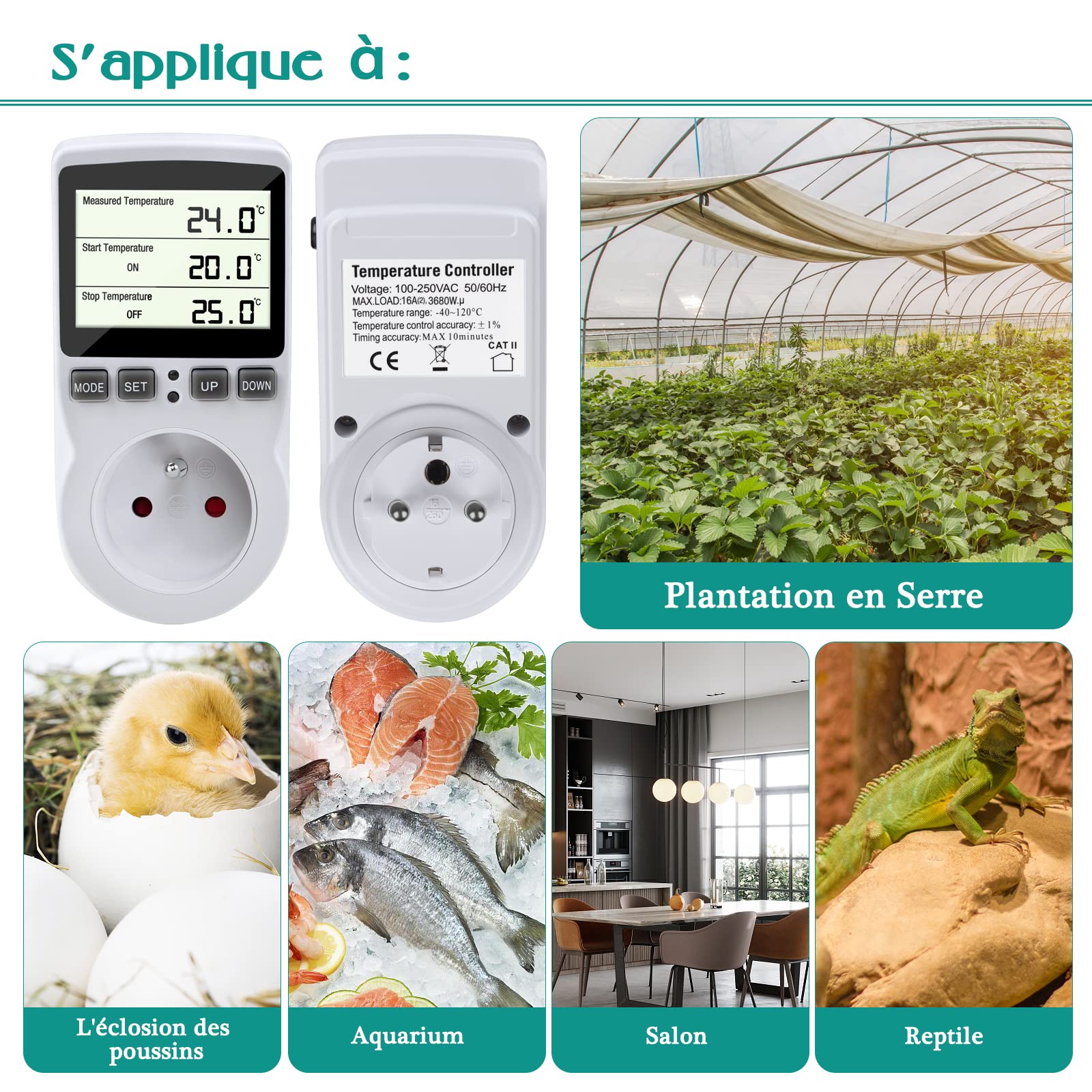 Prise Thermostat avec Sonde, CJBIN LCD Prise Thermostat Chauffage, 230V Thermostat Regulateur de Temperature Contrôleur de température pour Serre Reptile Terrarium Aquarium Incubateur Home (Prise FR)