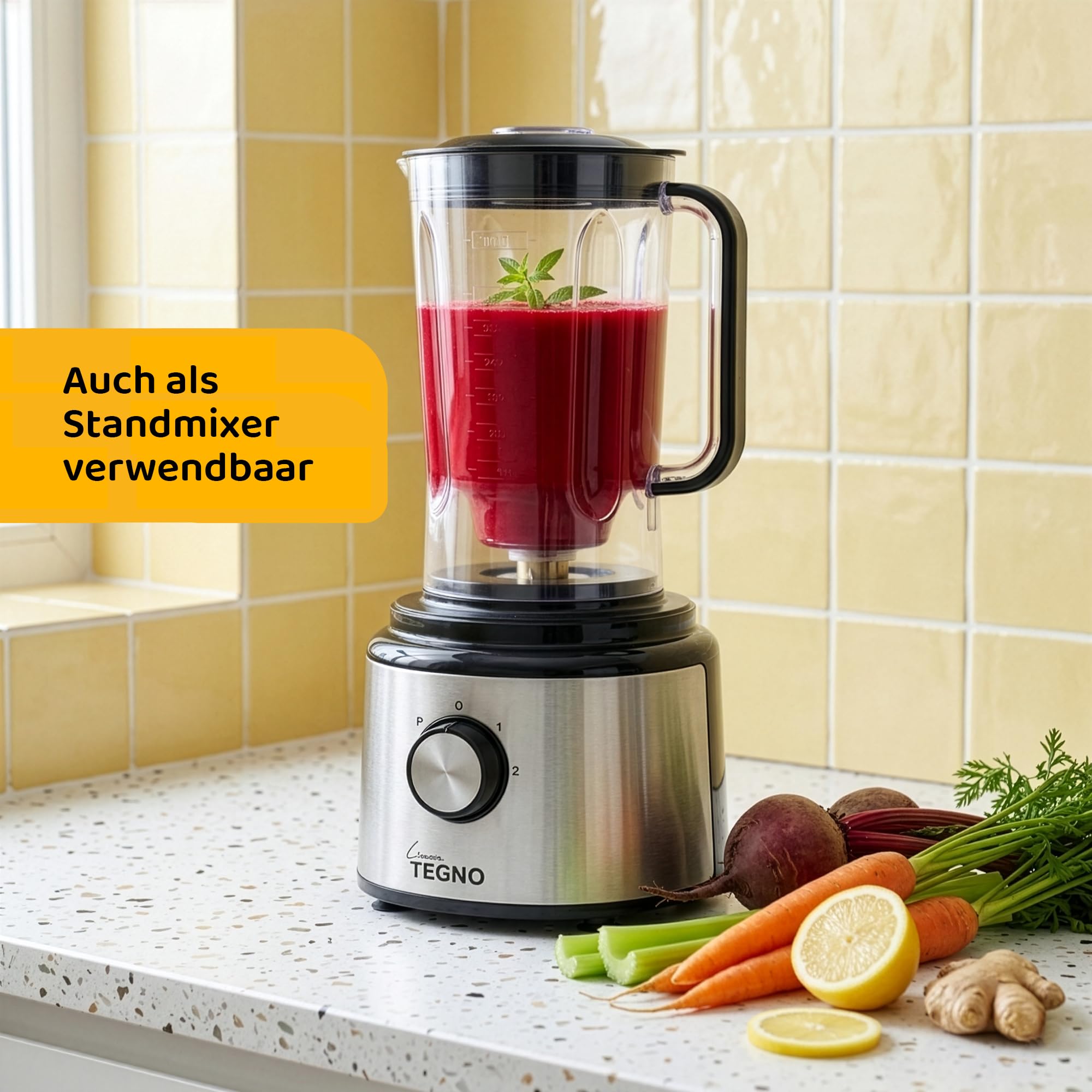 Food Processor - Linea Tegno – Multifunktionale 5-in-1 Küchenmaschine aus Edelstahl – Zum Hacken, Raspeln, Schneiden & Mixen – 2,3L Schüssel & 2,7L Standmixer, Zitruspresse – BPA-frei