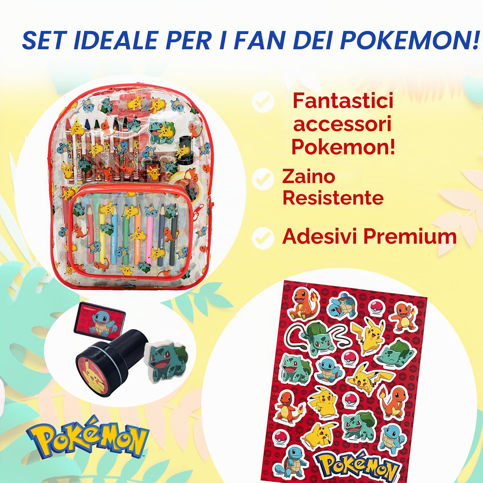 Pokémon - giochi - Zaino - Kit da colorare - Valigetta Colori - Feltri - Matite Matita colorata - Adesivi - astuccio Cancelleria - Idee Regalo Compleanno Gadget per Bambini - Gioco