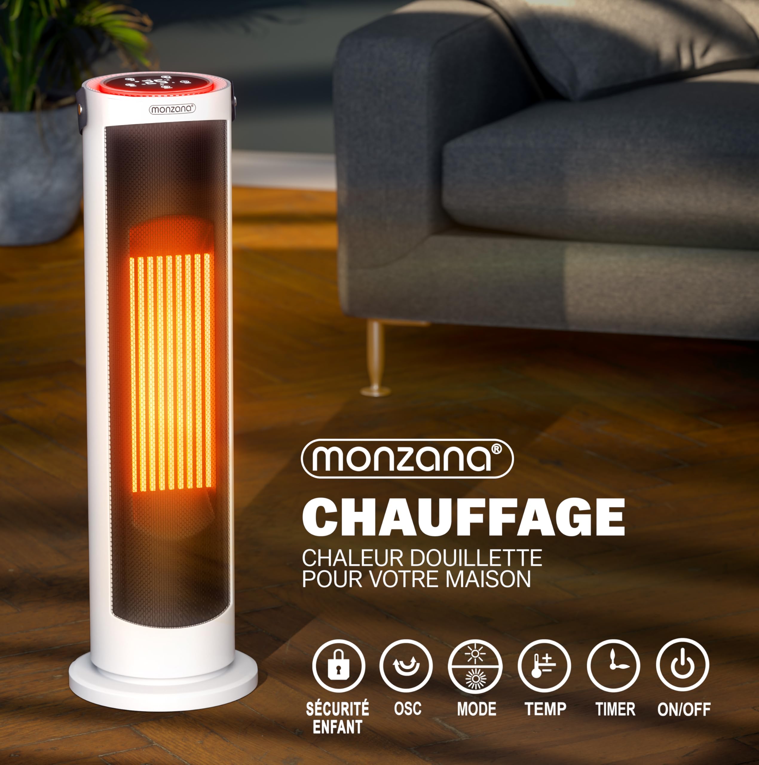 MONZANA® Radiateur soufflant blanc céramique 2000W 15-35°C économique oscillation 70° chauffage d'appoint salle de bain