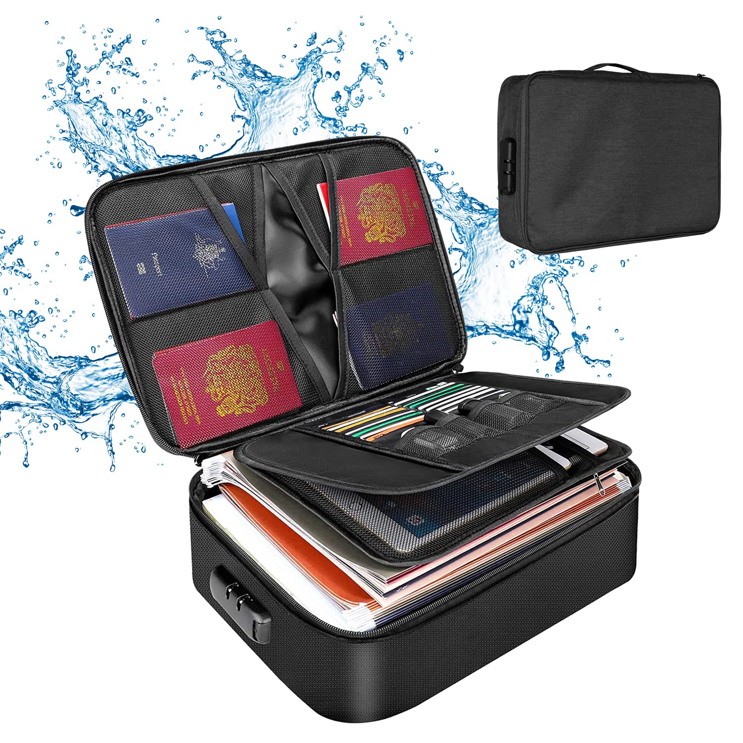 SwiftSwift Oxford Document Organizer Bag with Lock - 3-Layer Waterproof Document Safe for Important Files, Passport, Cash - Ideal for Home, Office, and Travel (Black)