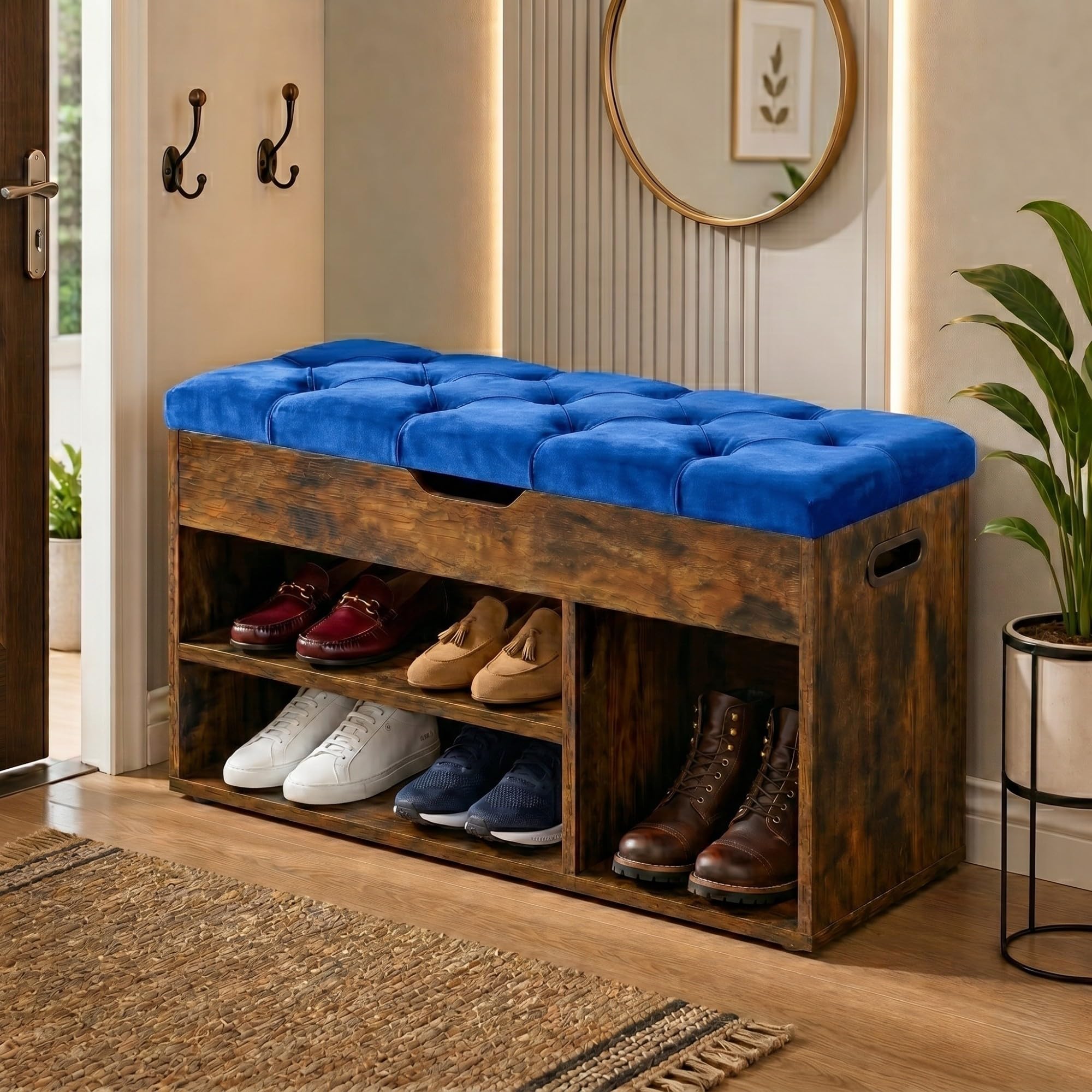 Wooden Shoe Storage Bench Tufted Velvet Cushion Seat, 80Cm, Blue — image 1