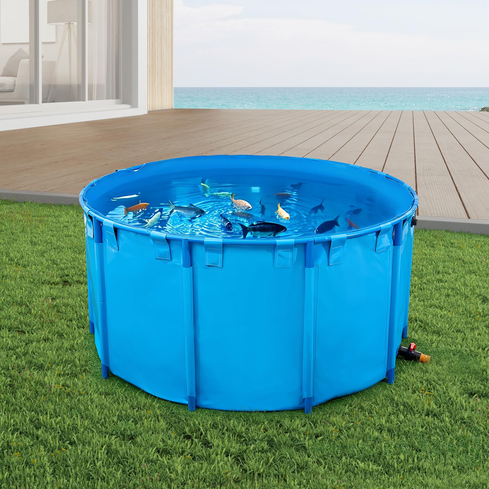 VEVOR Fischteich aus Segeltuch, mit 3100L Fassungsvermögen, Koi-Aquarium aus PVC, rundes Goldfischbecken mit stabilem Rahmen & Ablassventil, für Aquakultur, Koi-Zucht & Bewässerung (blau)