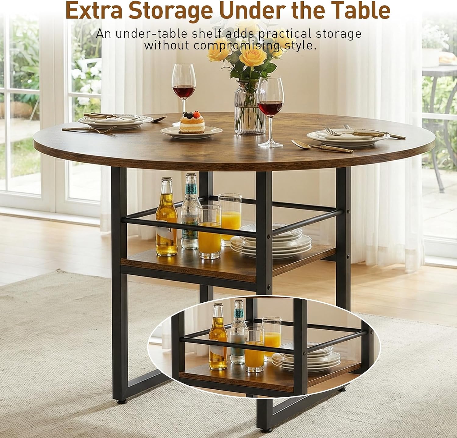 RALGEND Round Dining Table Set for 4, 5-Piece Kitchen Table and Chairs with Storage Shelf, Circle Dinner Table Set with Wooden Tabletop & Metal Legs, for Kitchen & Dining Room, Rustic Brown and Black