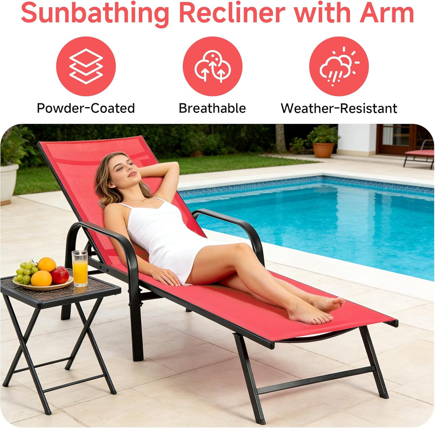 NEWBULIG Outdoor Lounge Chair for Pool, Aluminum Chaise Lounge Chairs with 5-Position Recliner,350 lbs Heavy Duty Patio Pool Chair, Outdoor Sun Chairs with Metal Frame for Backyard, Classic Red