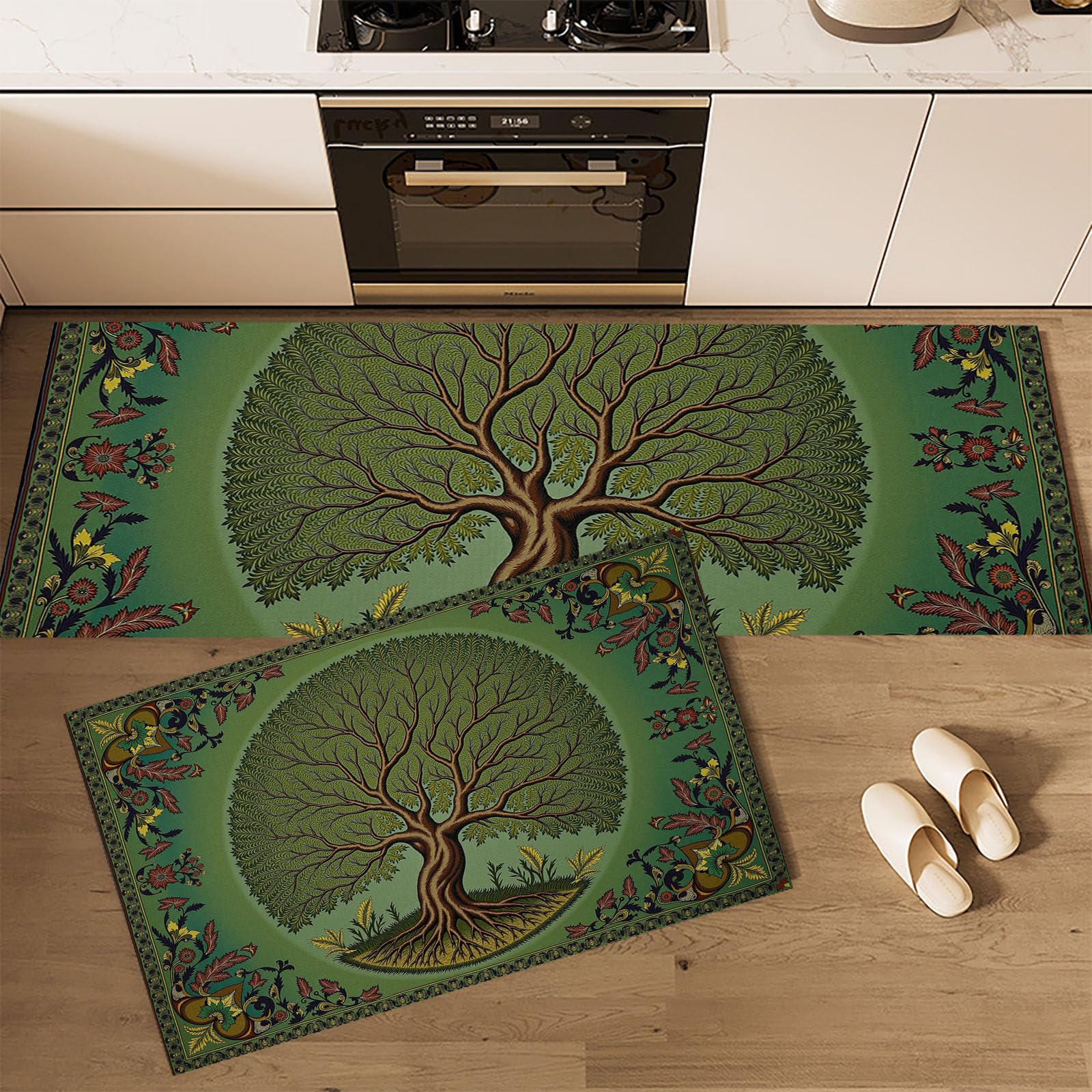 Alfombra de cocina de fantasía verde bosque, pack de dos alfombras lavables y seguras