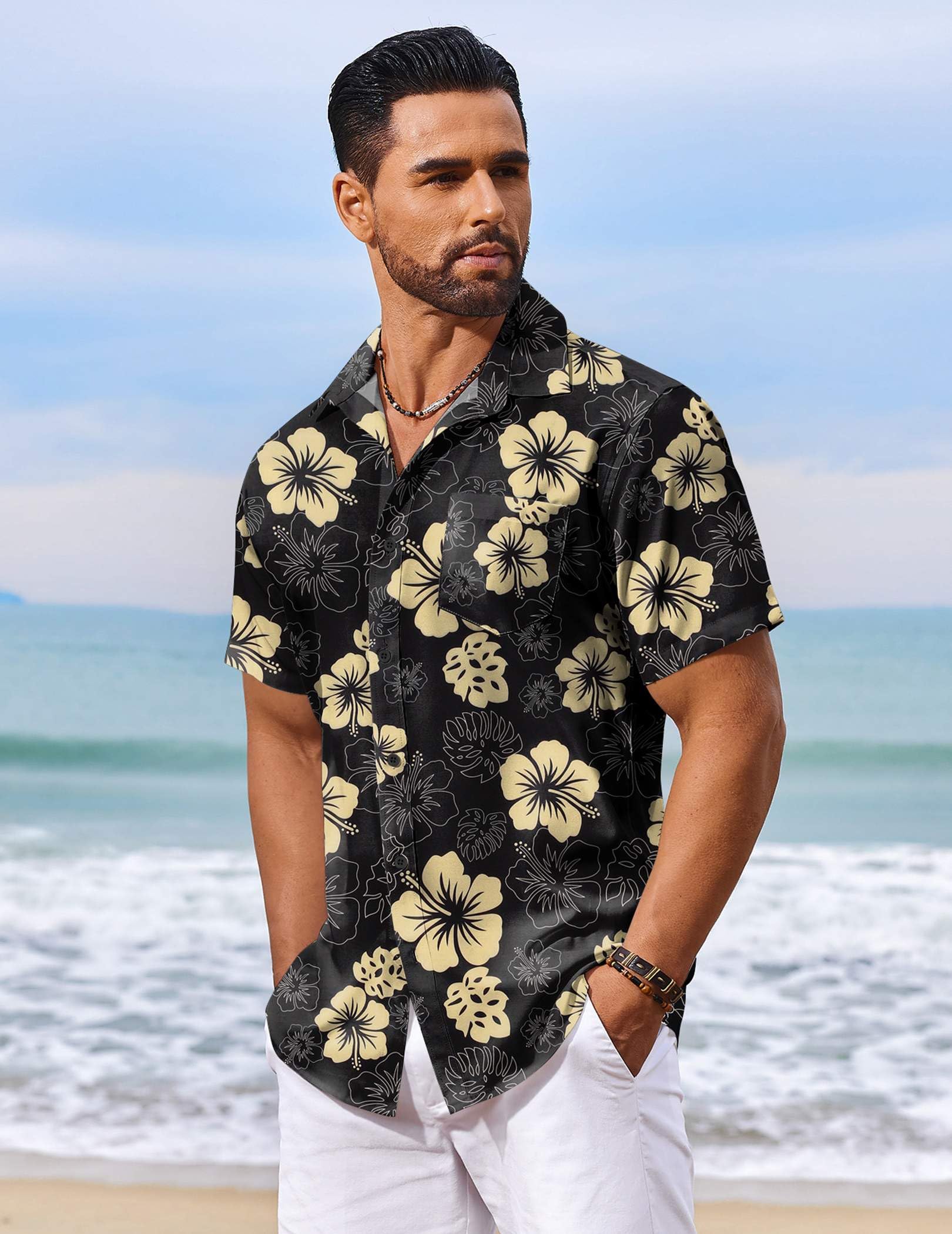 COOFANDY Camicia hawaiana da uomo a maniche corte estiva abbottonata camicie tropicali vacanze spiaggia Aloha camicie con tasca