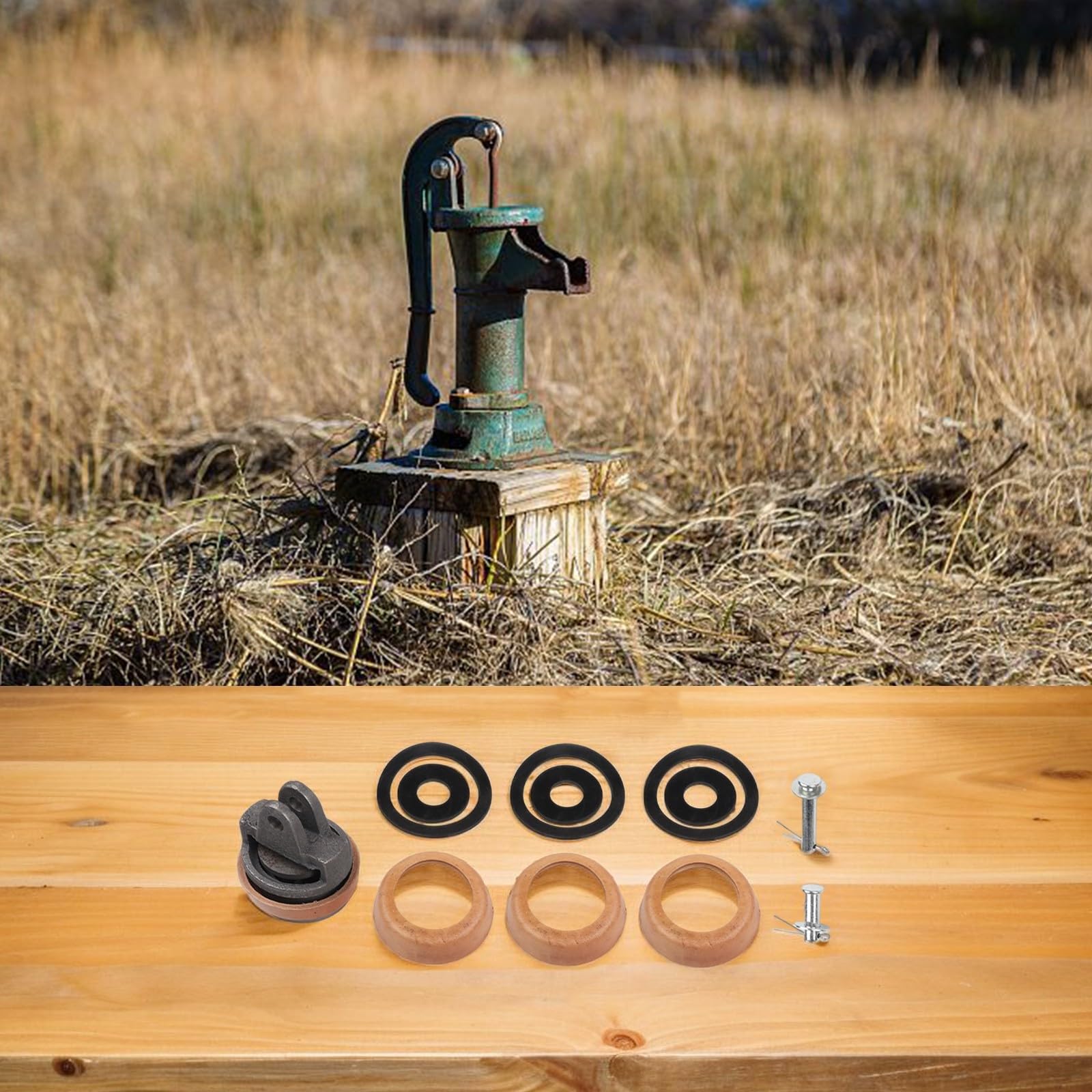 Set di ricambio per maniglia tipo 75 con kit bulloni, in ghisa e pelle trattata a cera, guarnizione per anello per pompe per fontane da giardino, include 3 extra
