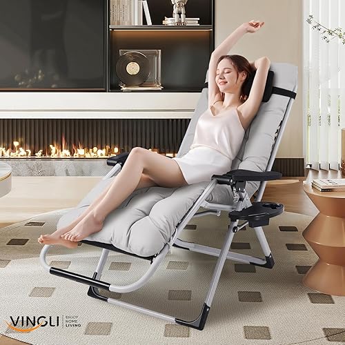 Miniatura 2 de VINGLI Silla acolchada de gravedad cero, silla de descanso con cojín y bandeja extraíbles, sillas reclinables plegables para patio, silla reclinable