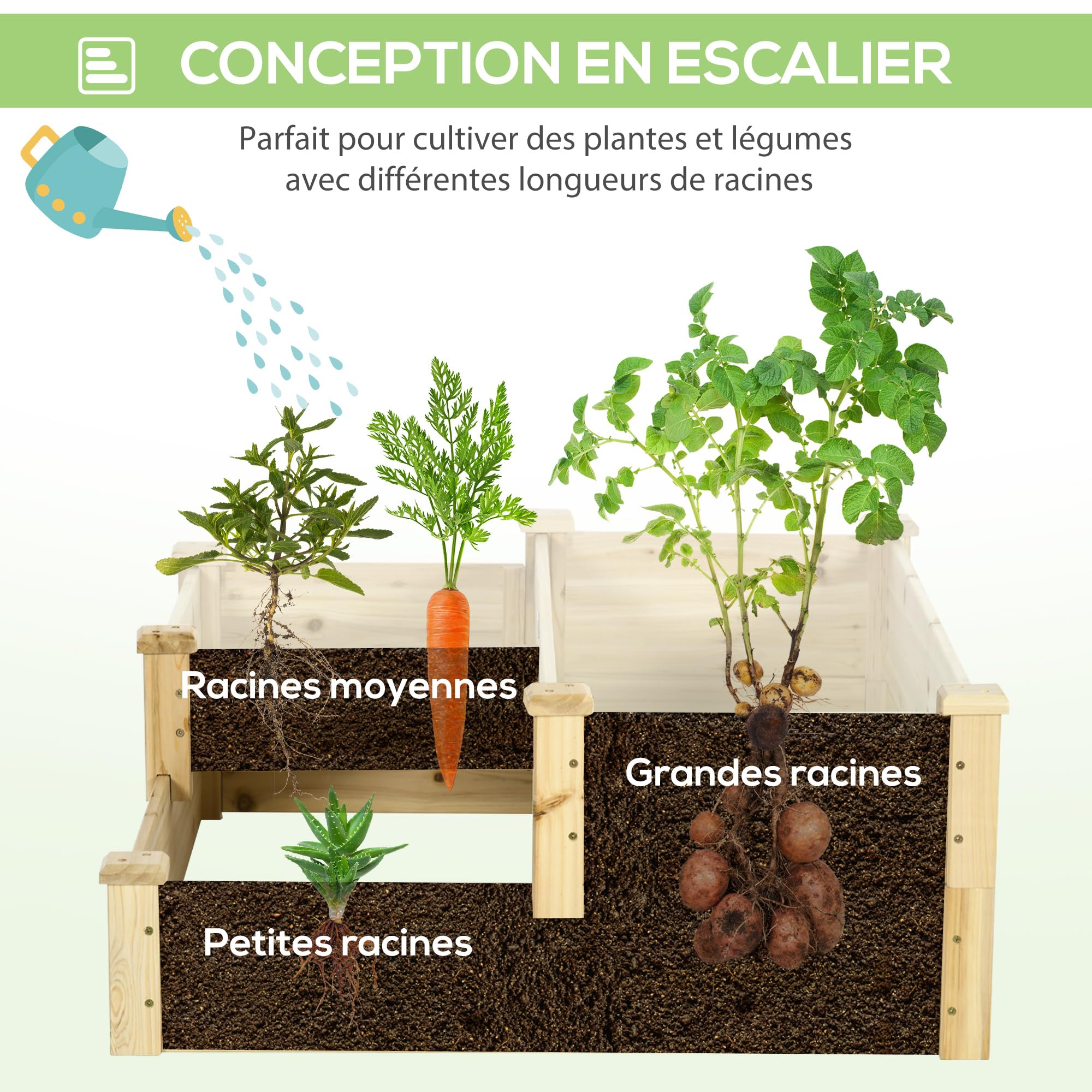 Outsunny Carré Potager en Bois, jardinière extérieure en escalier, 3 Niveaux, Zones séparées, Design sans Fond, 108 x 88 x 36 cm, Bois Naturel