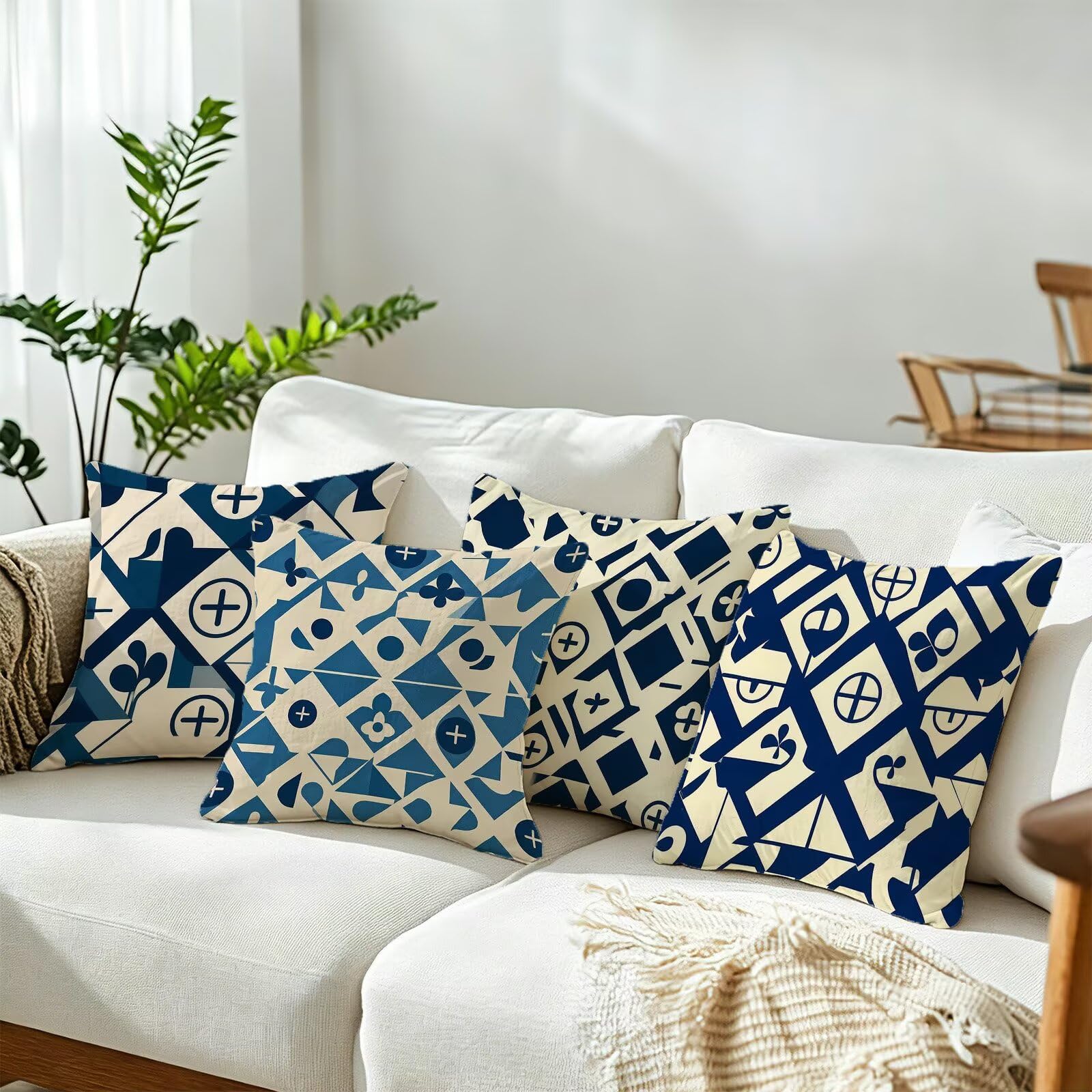 Blu Federe Cuscini Divano 50x50cm, Cuscini da Esterno Set de 4, Cod-128 | Lin Copricuscini Decorativi Letto Arredo, per Letto, Soggiorno, Giardino, Esterno, Casa Decorazione Set di 4 Geometria