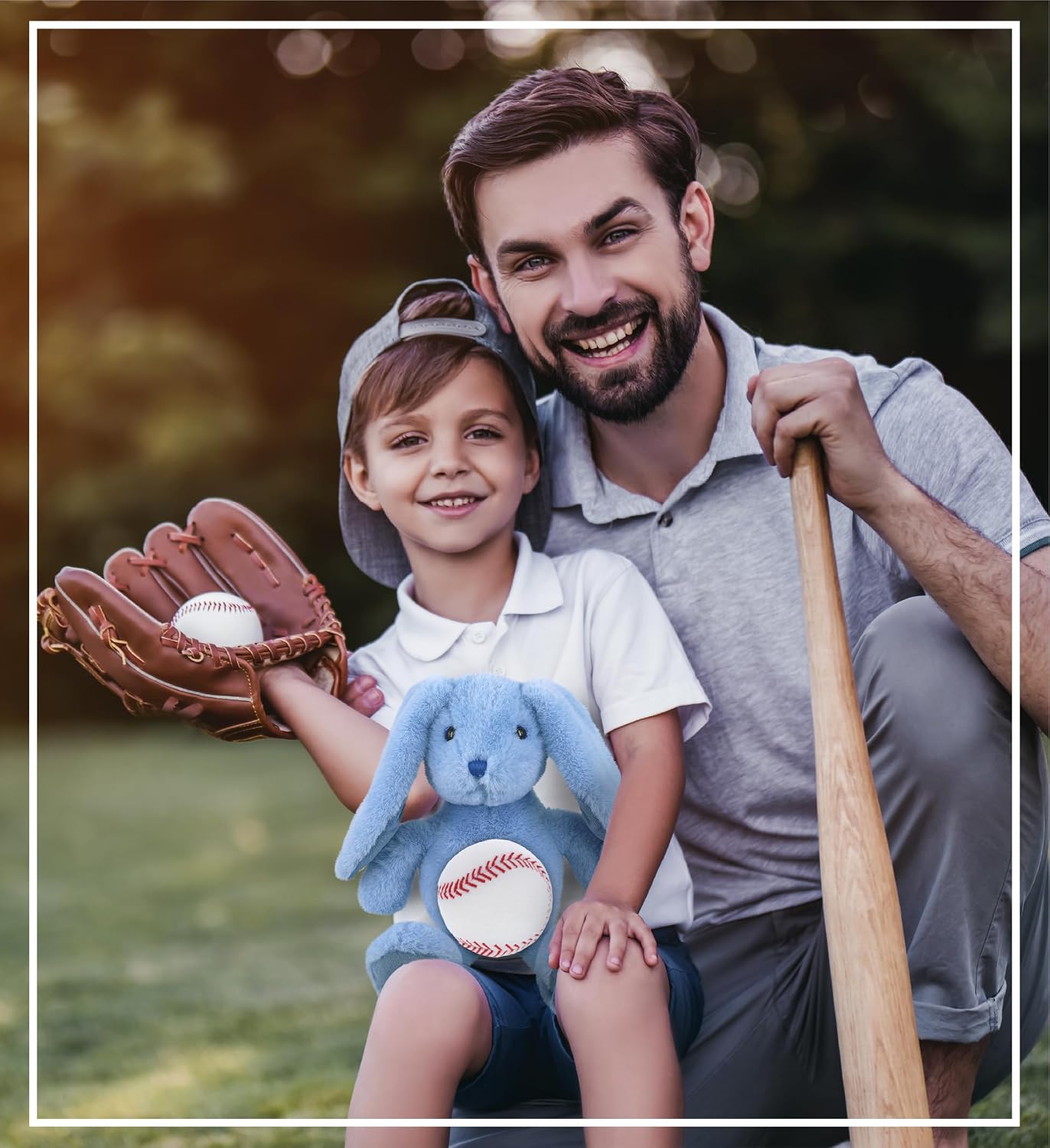 DolliBu Baby Blue Rabbit Stuffed Animal with Baseball Plush - Huggable Farm Life Stuffed Rabbit with Plush Baseball Toy Gift for Kids and Adults - 8 Inches