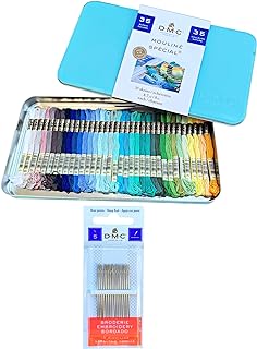 DMC Embroidery Floss, Scenic Tin Collection, 35 Colors,DMC Cotton Embroidery Thread Assortment Pack Bundle with Hand Needles size 5. DMC Cross Stitch Supplies,Yarn Set, Premium String, DMC Threads Kit